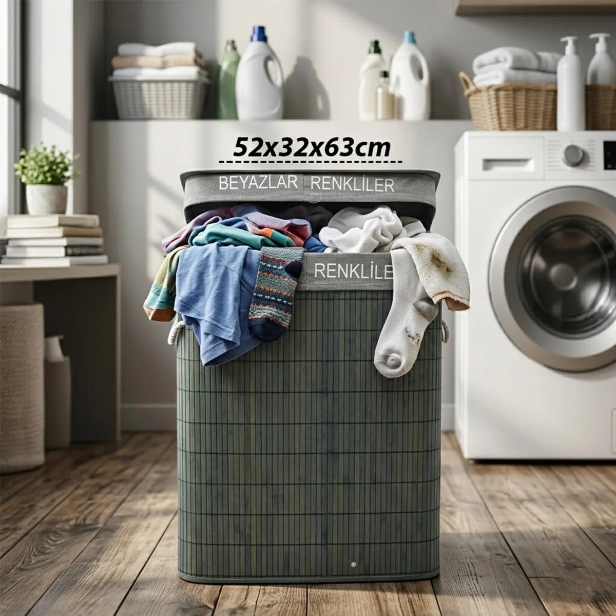 Gri Dikdörtgen 2 Bölmeli 52x32cm Y:63cm Bambu Ahşap Kirli Çamaşır Sepeti Kumaş Çantalı İp Kulp Bx40 Fiyatı, Yorumları ve Özellikleri