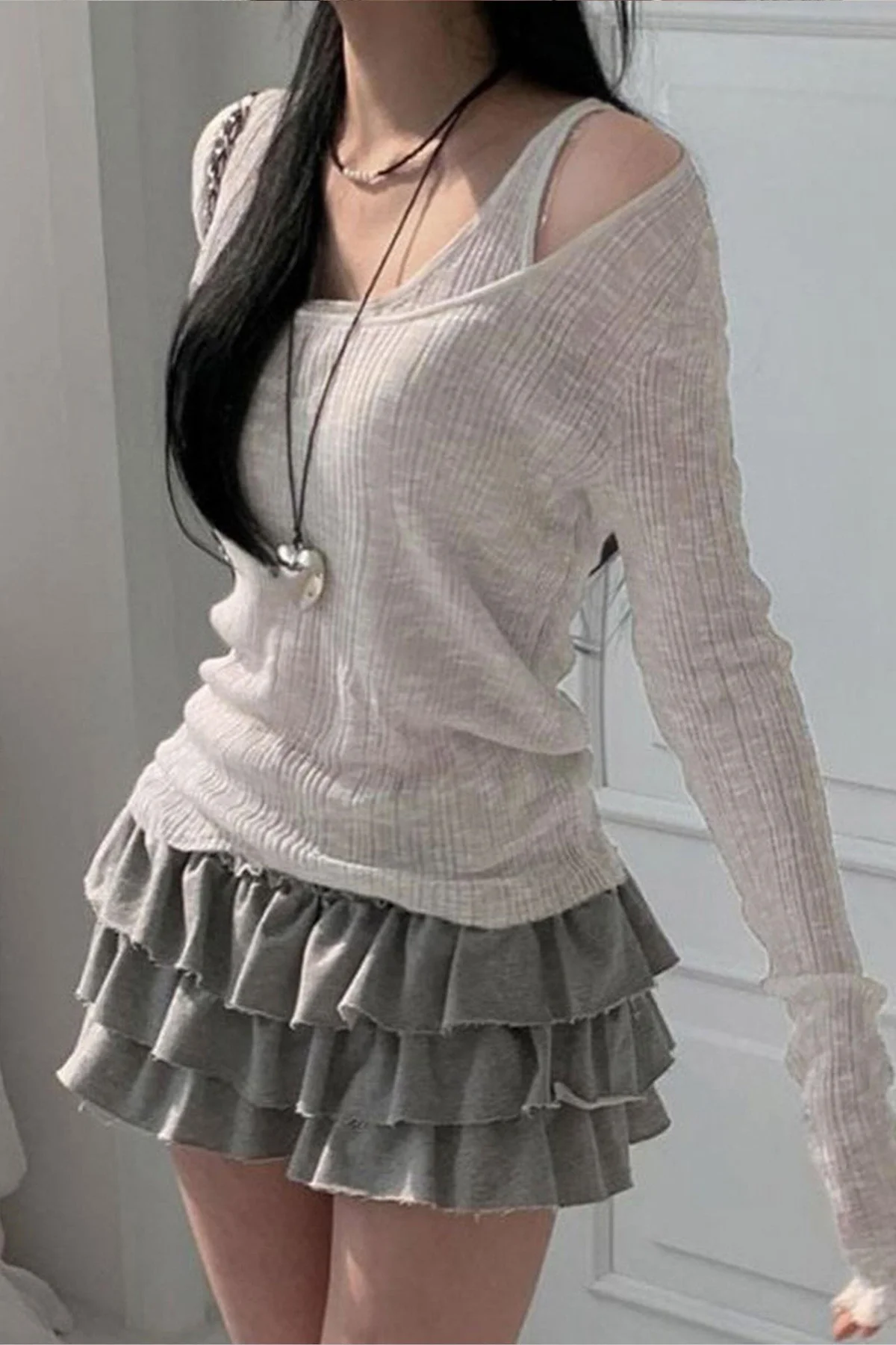 Gri Ek Askılı Madonna Yaka Harajuku Grunge Y2K Uzun Kollu Crop