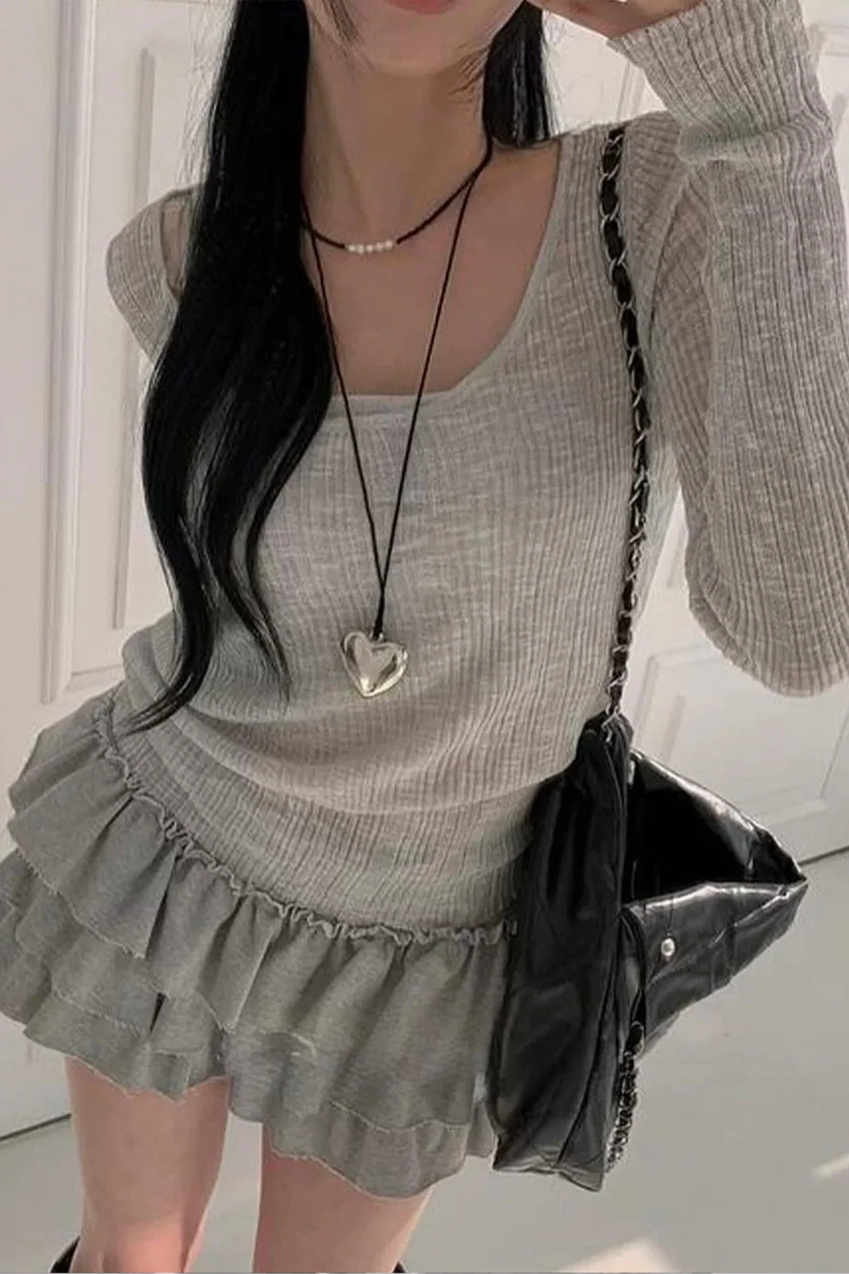 Gri Ek Askılı Madonna Yaka Harajuku Grunge Y2K Uzun Kollu Crop