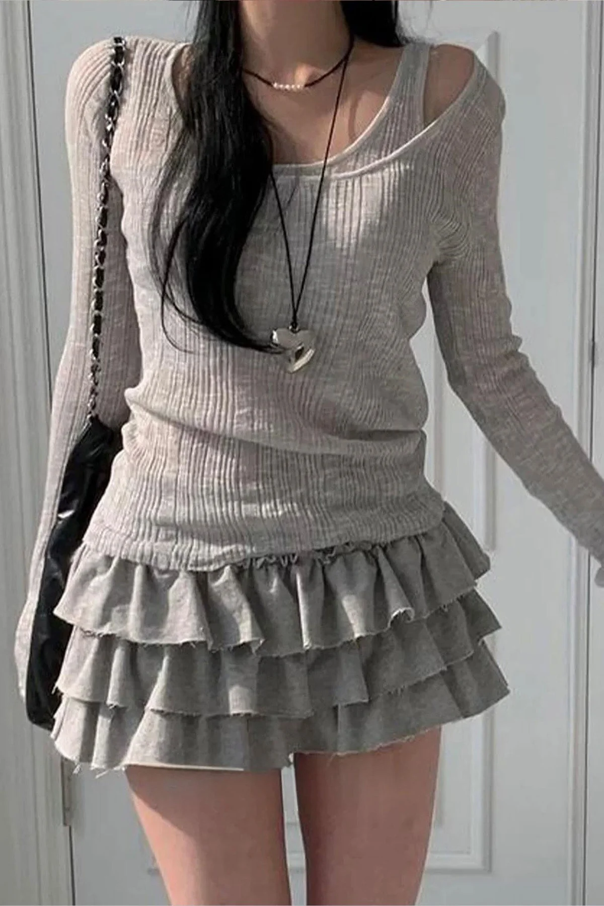 Gri Ek Askılı Madonna Yaka Harajuku Grunge Y2K Uzun Kollu Crop