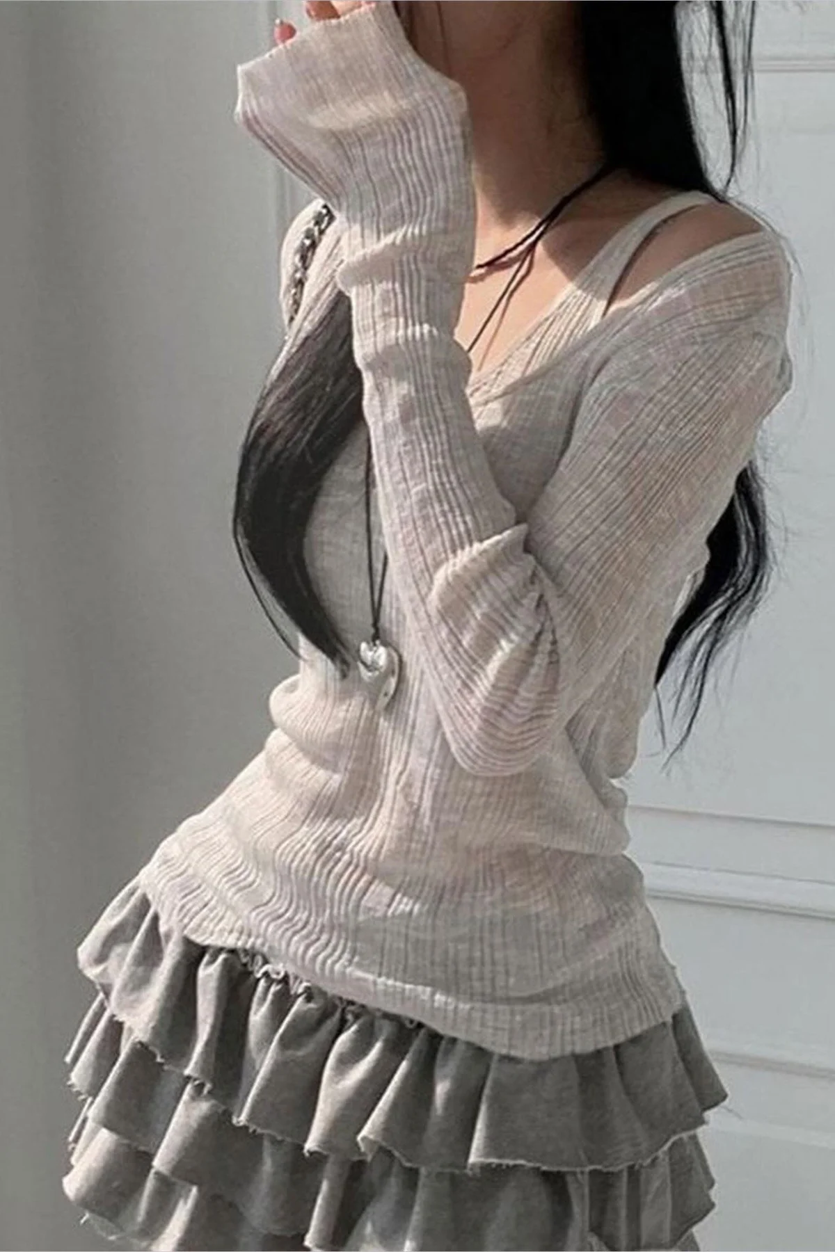 Gri Ek Askılı Madonna Yaka Harajuku Grunge Y2K Uzun Kollu Crop