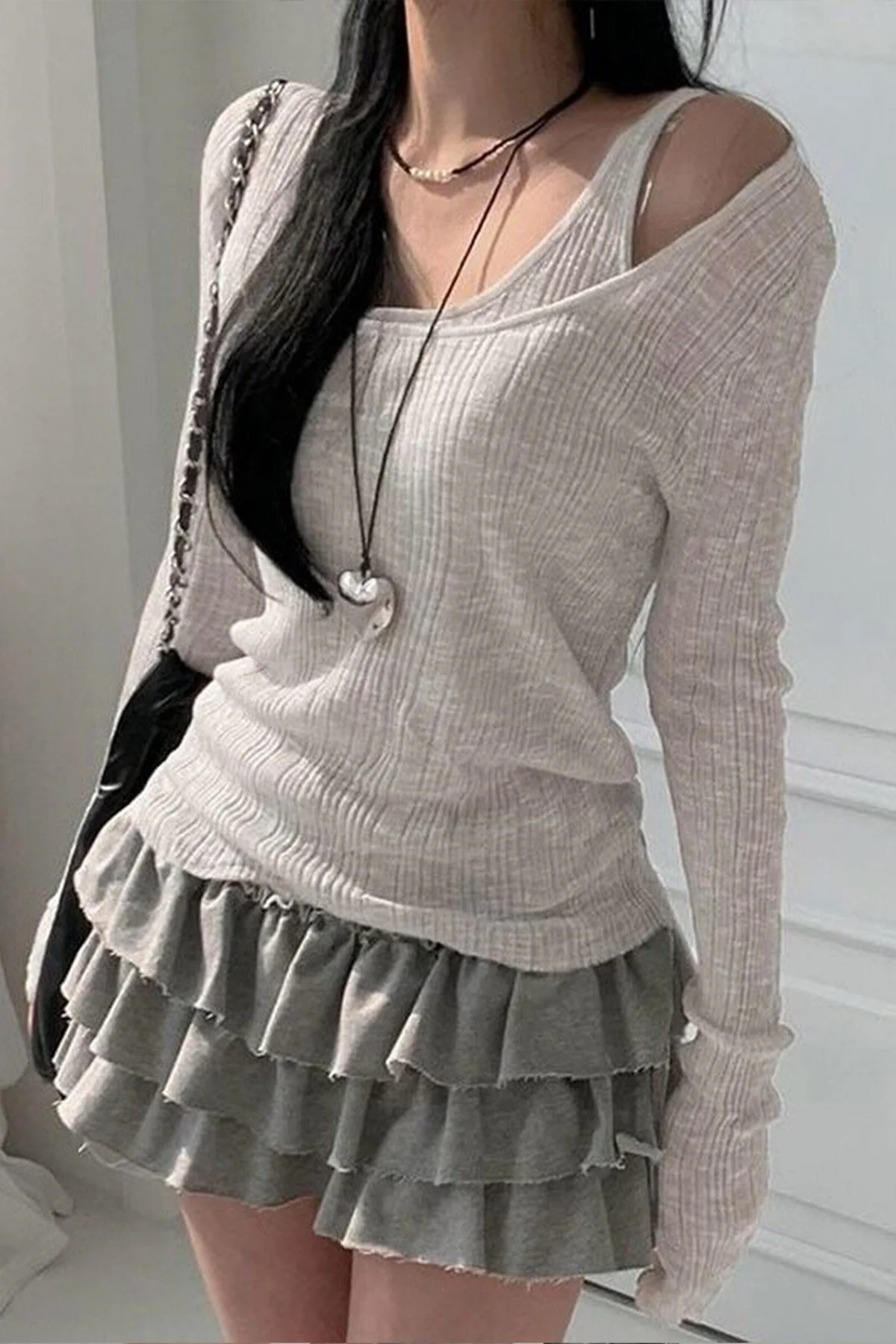 Gri Ek Askılı Madonna Yaka Harajuku Grunge Y2K Uzun Kollu Crop