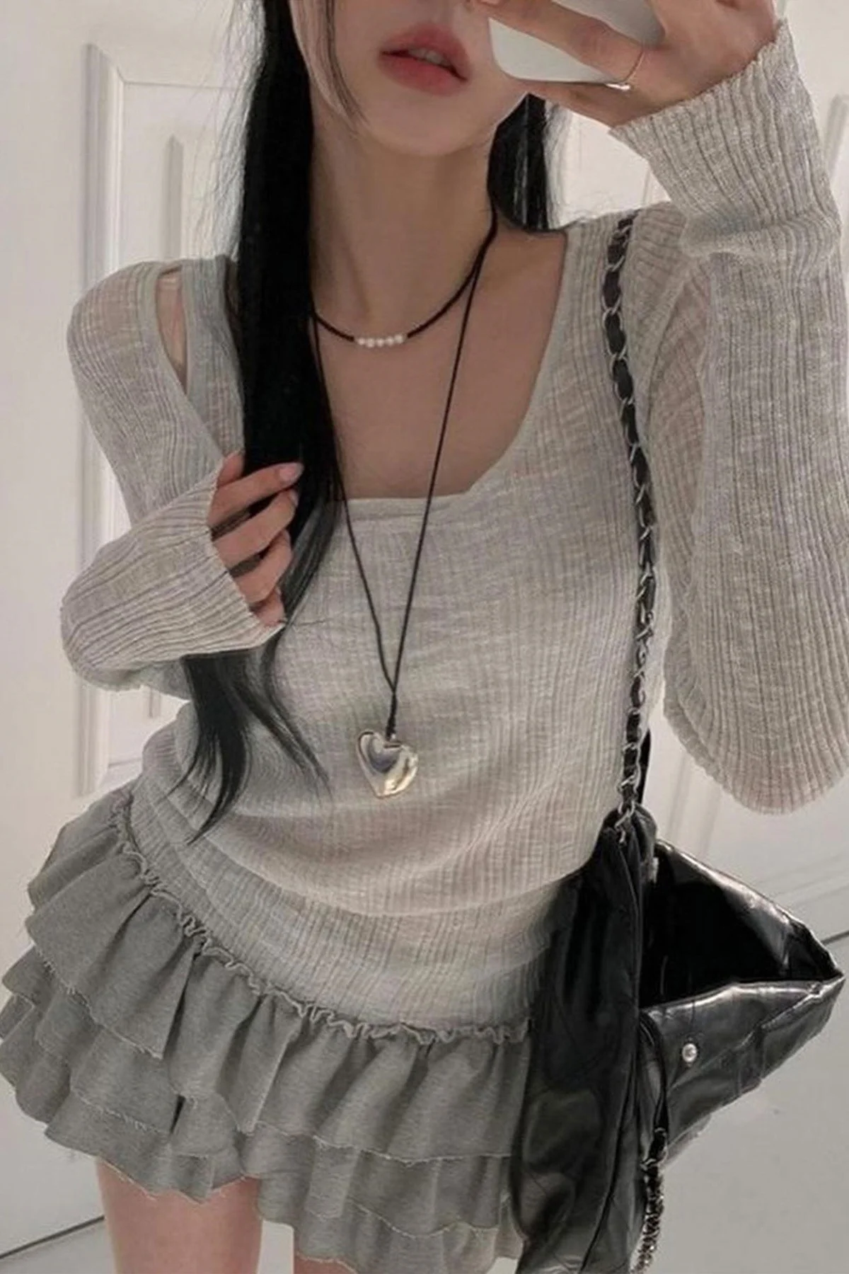 Gri Ek Askılı Madonna Yaka Harajuku Grunge Y2K Uzun Kollu Crop
