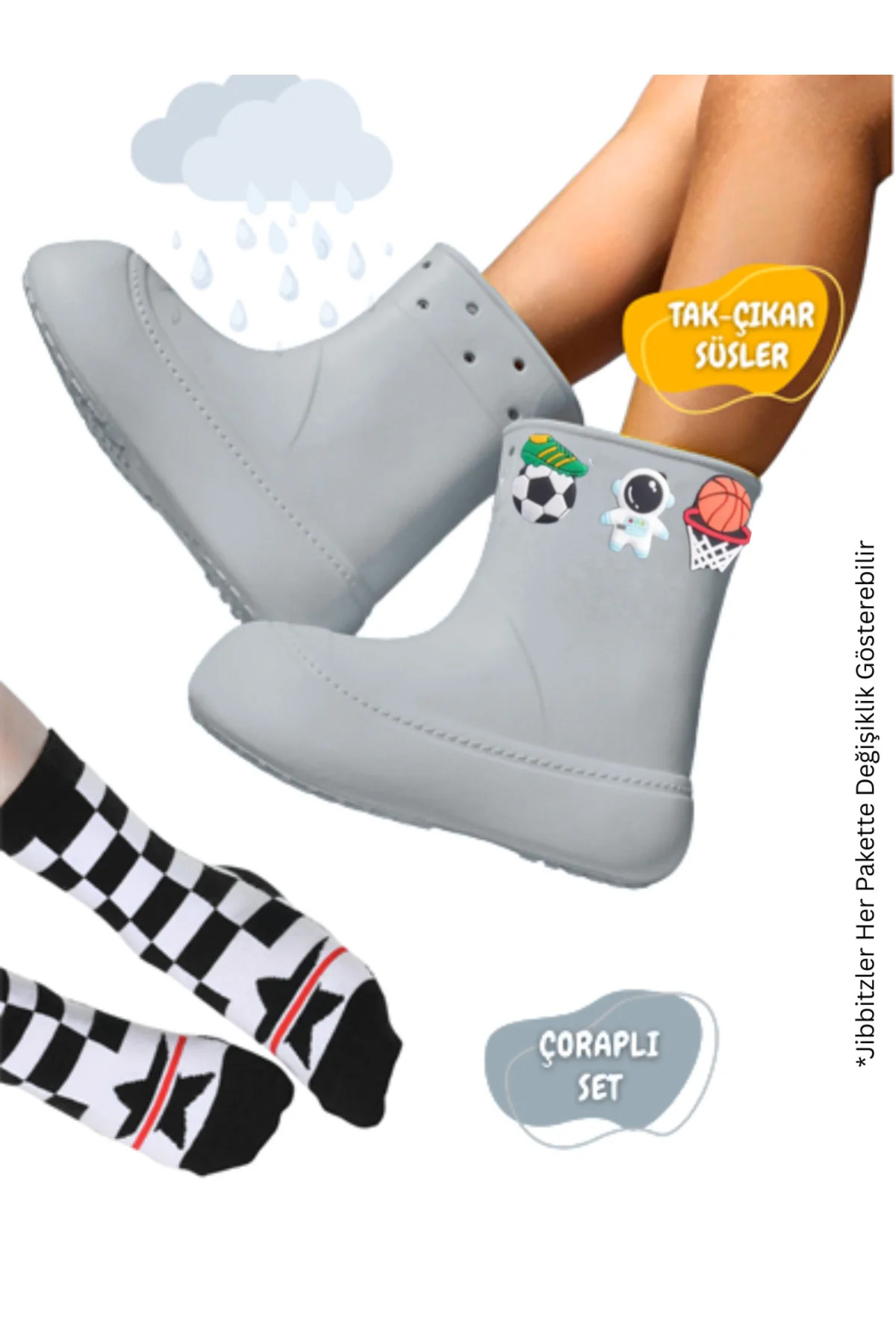Gri Erkek Çocuk Yağmur Botu & Çorap Set
