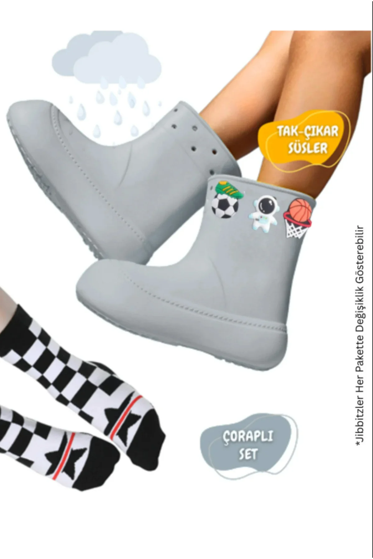 Gri Erkek Çocuk Yağmur Botu & Çorap Set - Görsel 5