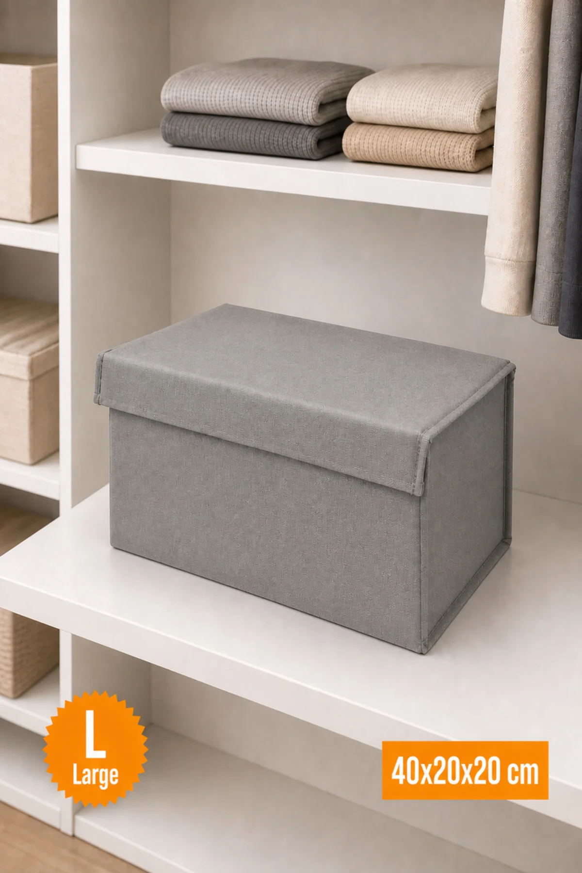 Gri Kapaklı Dolap İçi Düzenleyici, Katlanabilir Kıyafet Saklama Kutusu, Raf Düzenleyici Organizer Large 40x20x20cm Gri Kapaklı Dolap İçi Düzenleyici, Katlanabilir Kıyafet Saklama Kutusu, Raf Düzenleyici Organizer Large 40x20x20cm