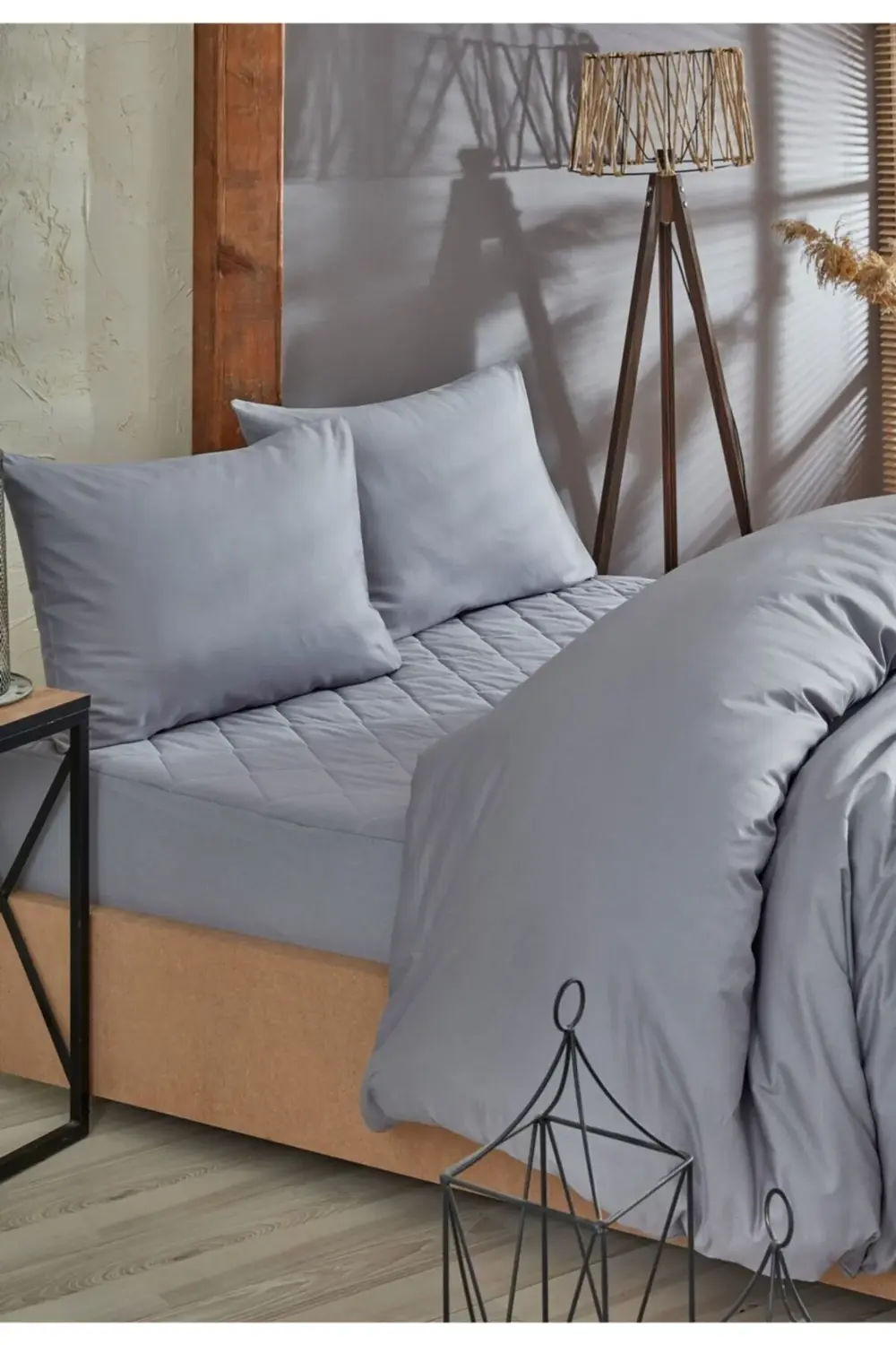 Gri Kapitone Yatak Koruyucu Alez Nevresim Set %100 Pamuk 8 Ebat