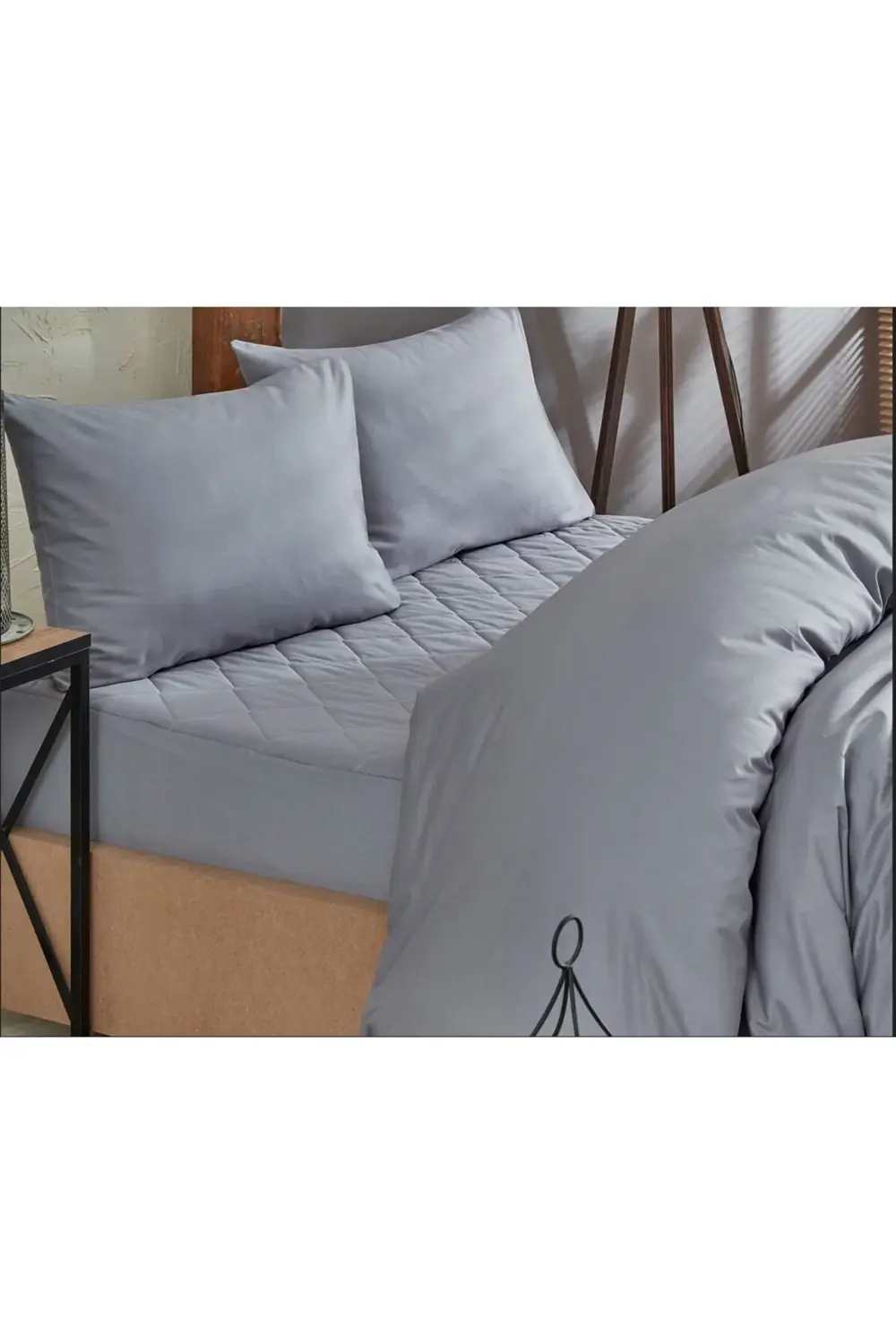 Gri Kapitone Yatak Koruyucu Alez Nevresim Set %100 Pamuk 8 Ebat