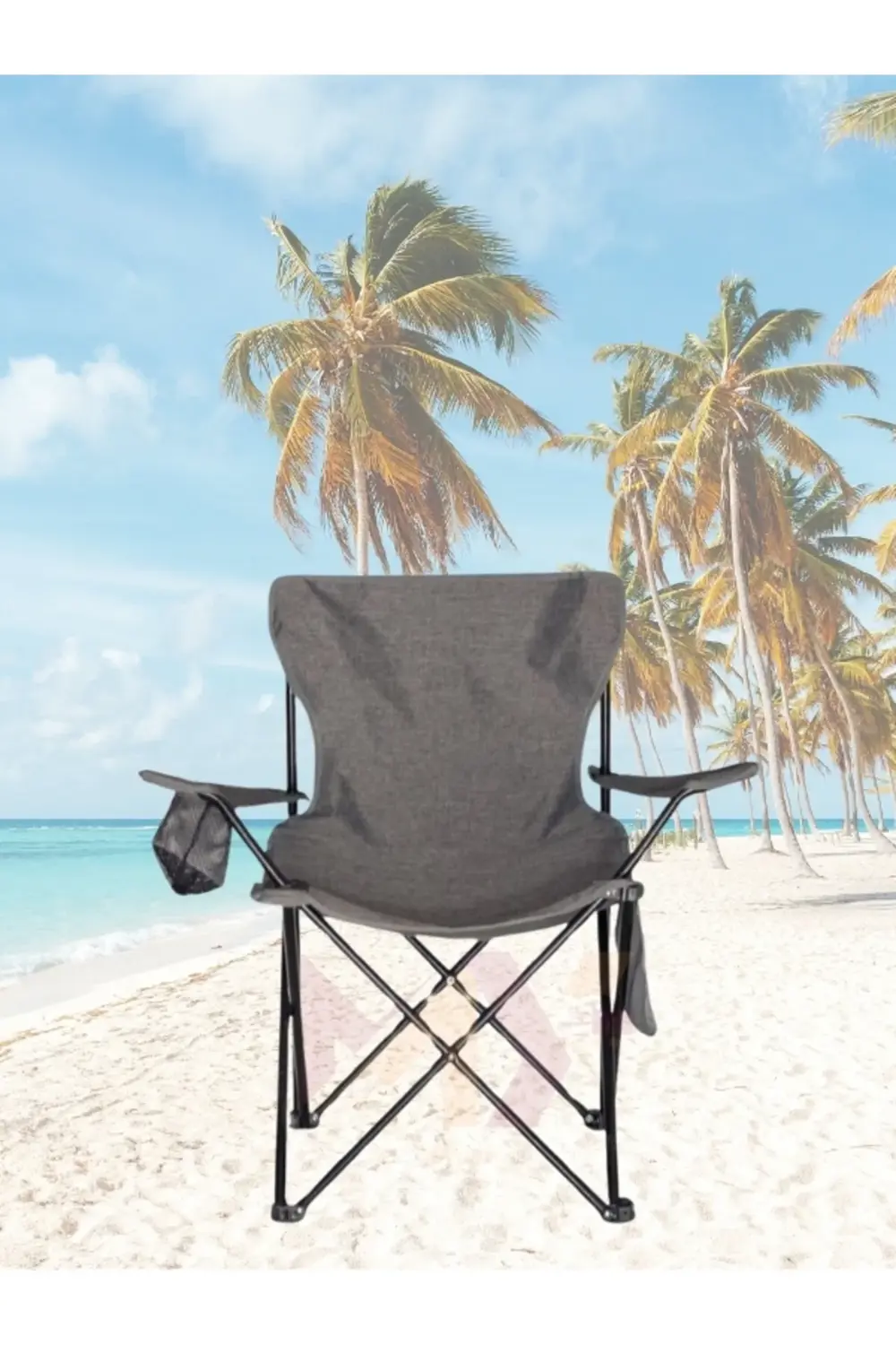 Gri Katlanır Rejisörlü Kamp Sandalyesi Cepli Kot Kumaş Taşıma Çan