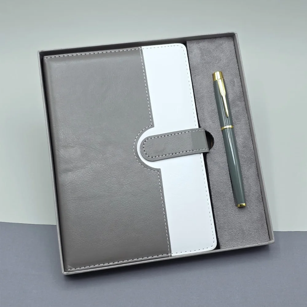 Gri Kutulu Deri Defter Roller Kalem Set