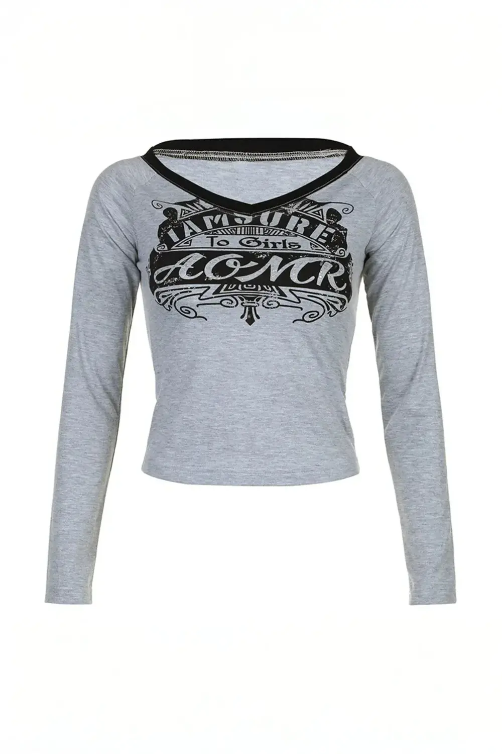 Gri Melanj AOMR Siyah Geniş Yaka Y2K Uzun Kollu Crop