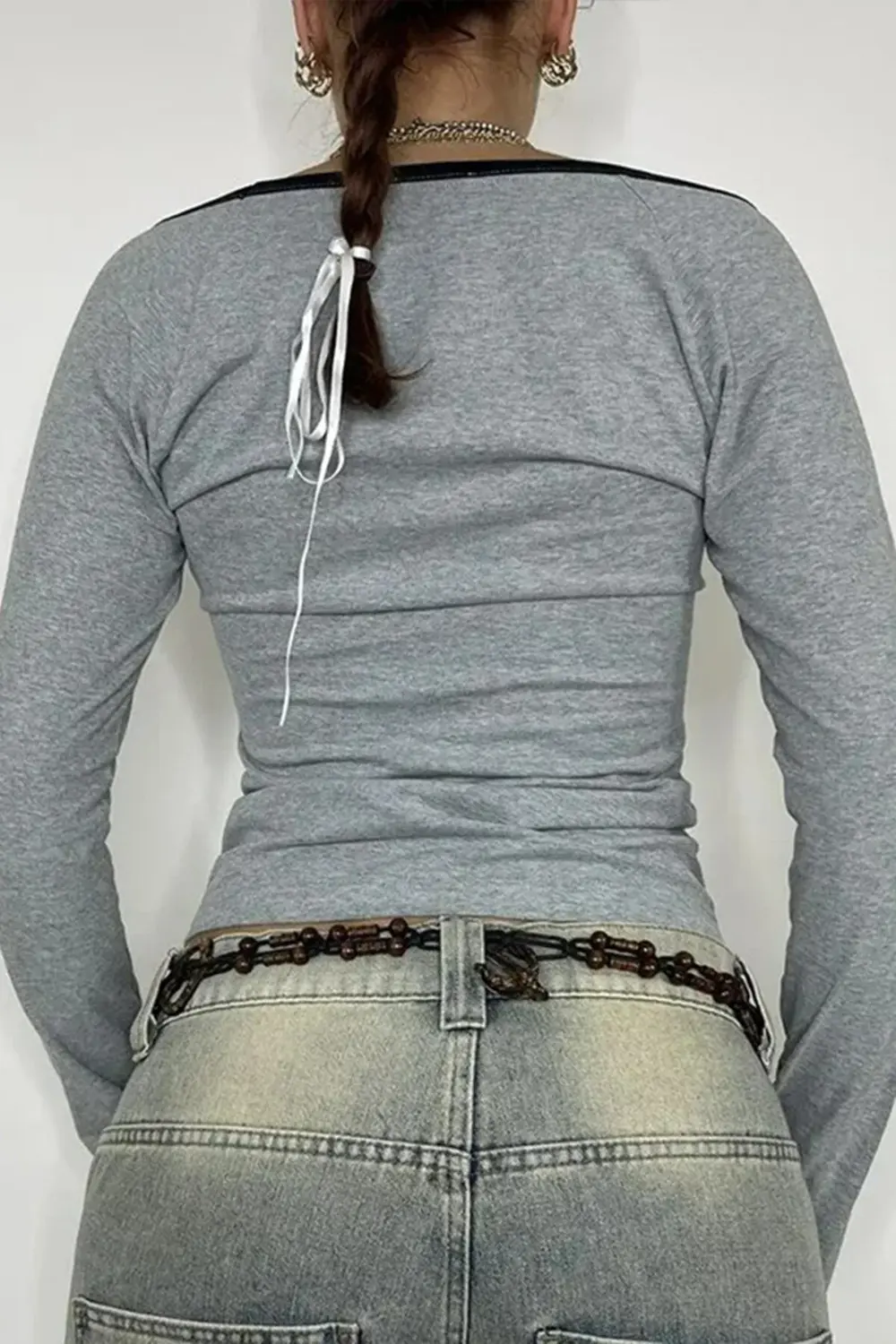 Gri Melanj AOMR Siyah Geniş Yaka Y2K Uzun Kollu Crop