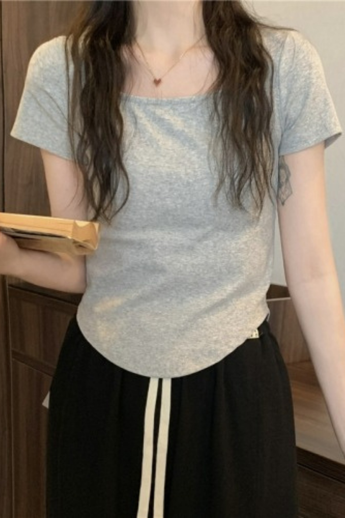 Gri Melanj Basic Y2K Kısa Kollu Crop