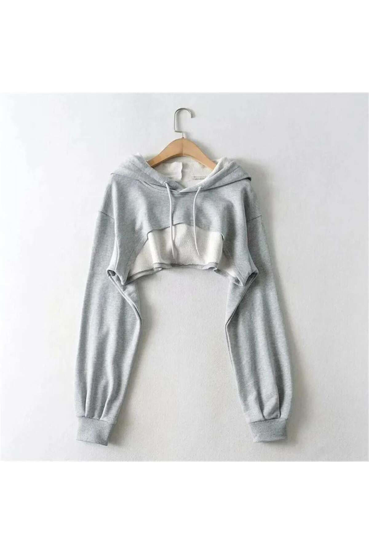 Gri Melanj Crop Bolero Kapüşonlu Sweatshirt