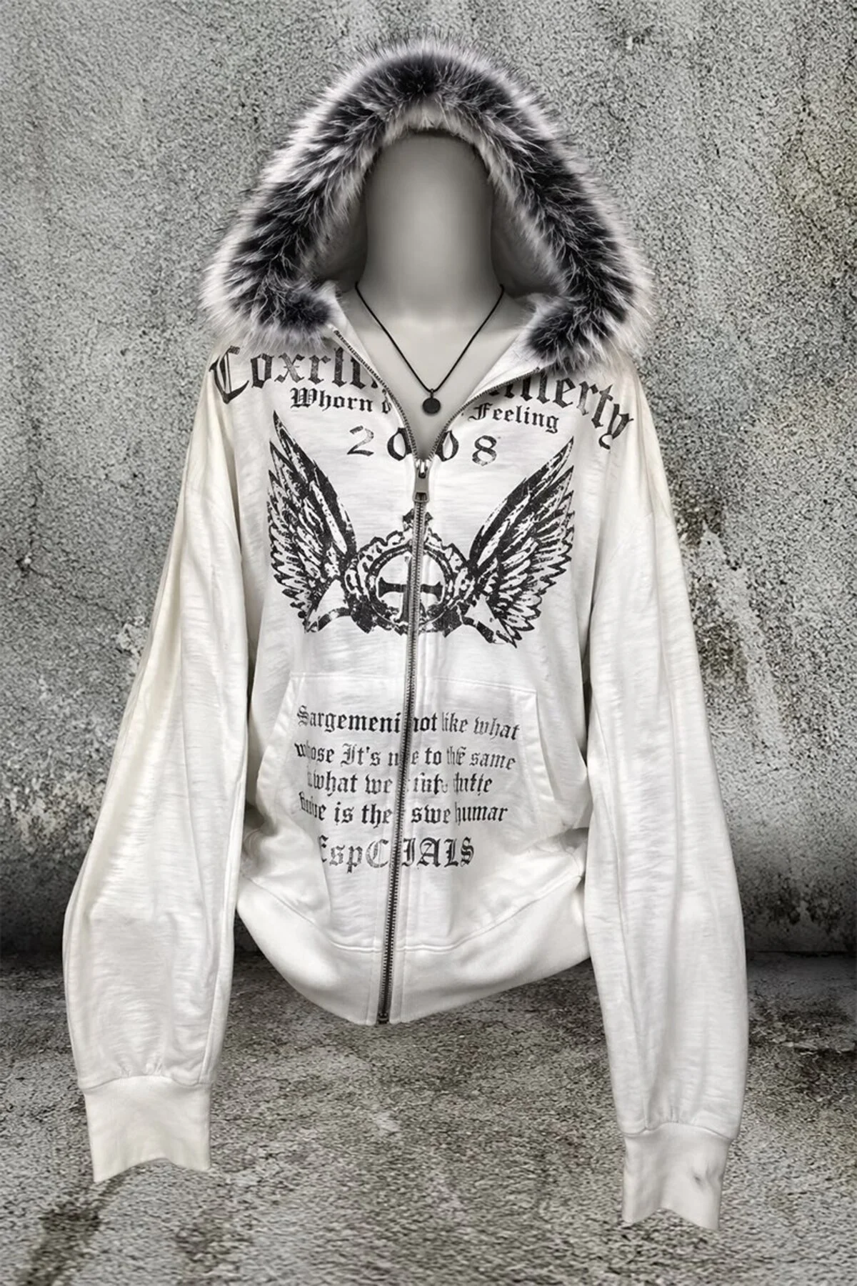 Gri Melanj Crown Wings Gotik Kürklü Kapüşonlu Y2K Crop Hırka