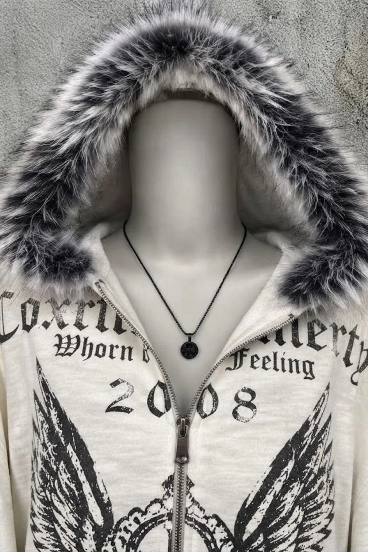 Gri Melanj Crown Wings Gotik Kürklü Kapüşonlu Y2K Crop Hırka