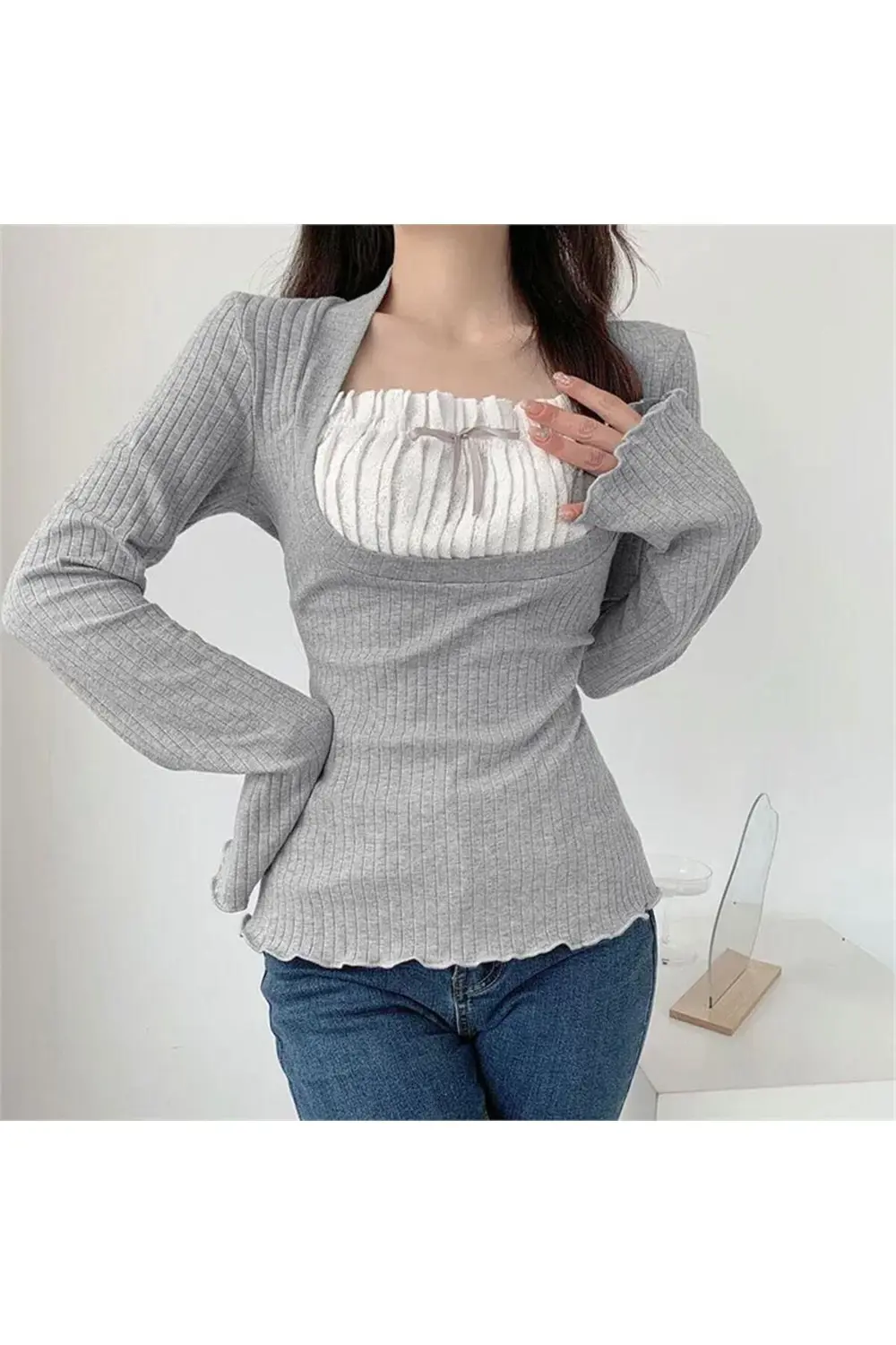 Gri Melanj İspanyol Kol Kurdeleli Dantel Yaka Uzun Kollu Crop