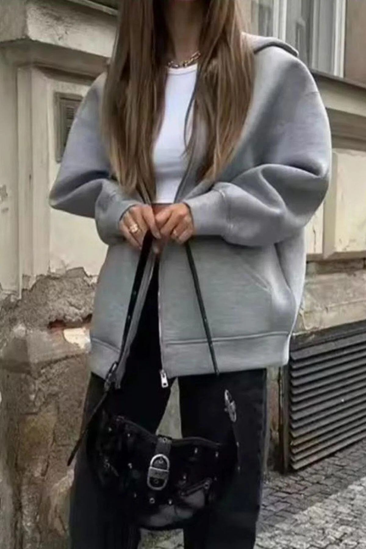Gri Melanj Kalın Kumaş Y2K Oversize Unisex Kapüşonlu Hırka