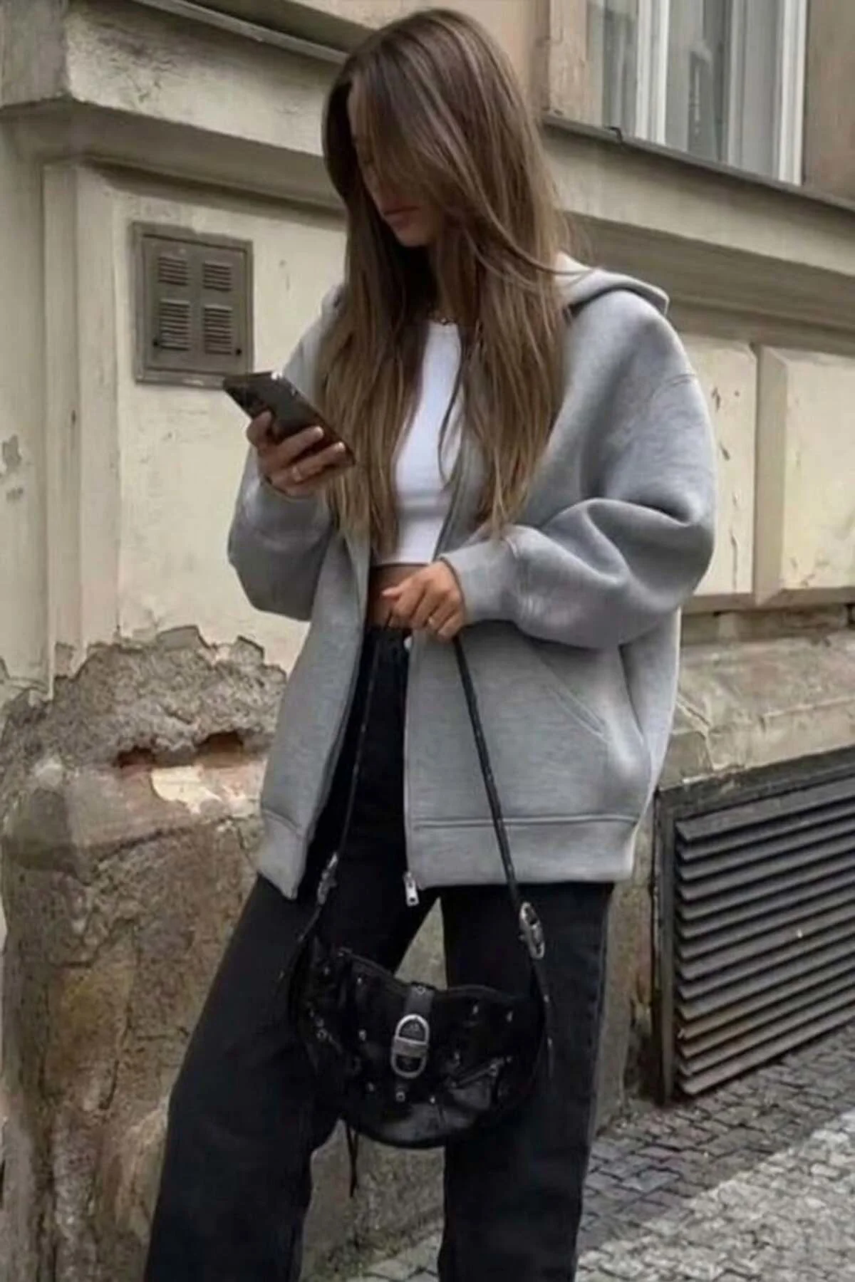Gri Melanj Kalın Kumaş Y2K Oversize Unisex Kapüşonlu Hırka Gri Melanj Kalın Kumaş Y2K Oversize Unisex Kapüşonlu Hırka