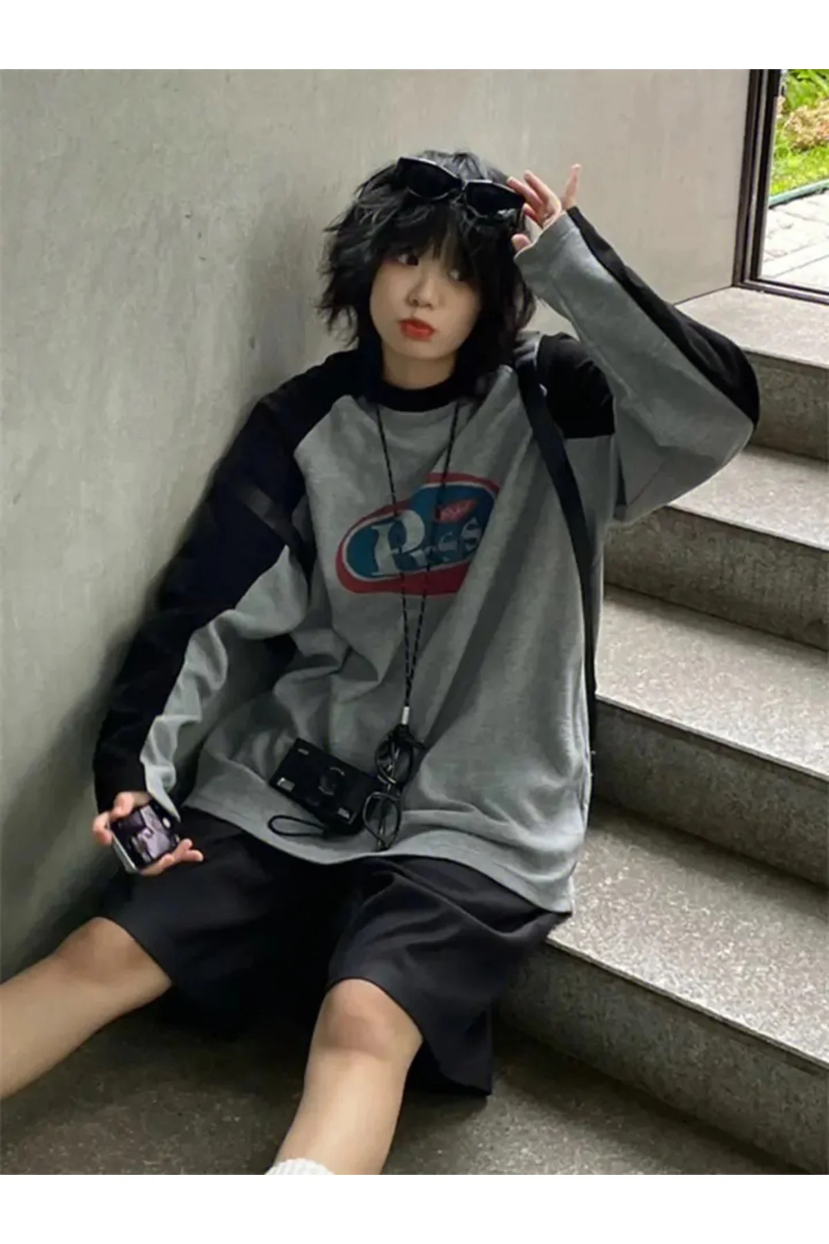 Gri Melanj Raglan Vintage PRSS (Unisex) Uzun Kollu Sweatshirt