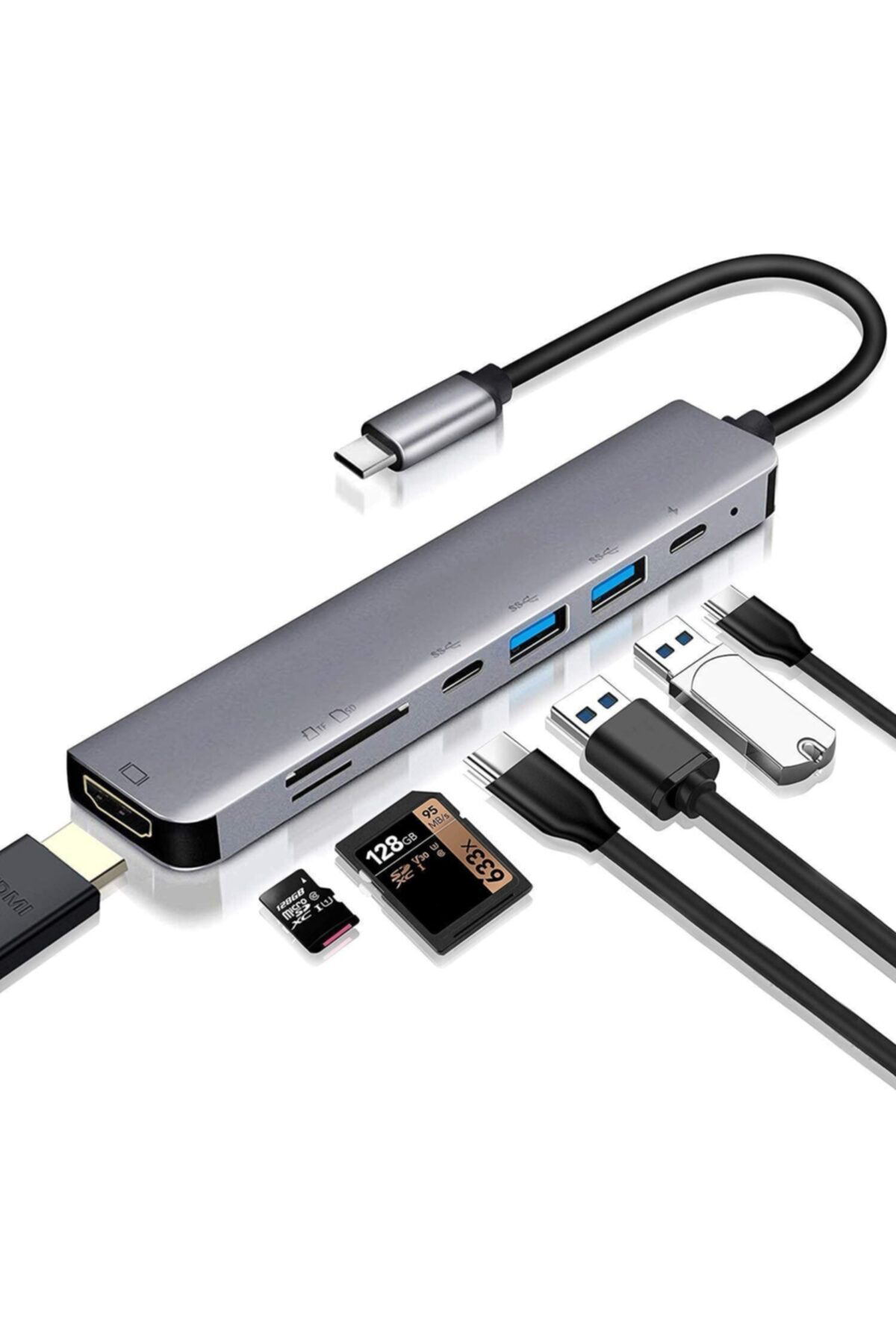 Gri Metal Kasa 7 In 1 Sd Usb Type-c Hub Hdmı Girişli Macbook Chro