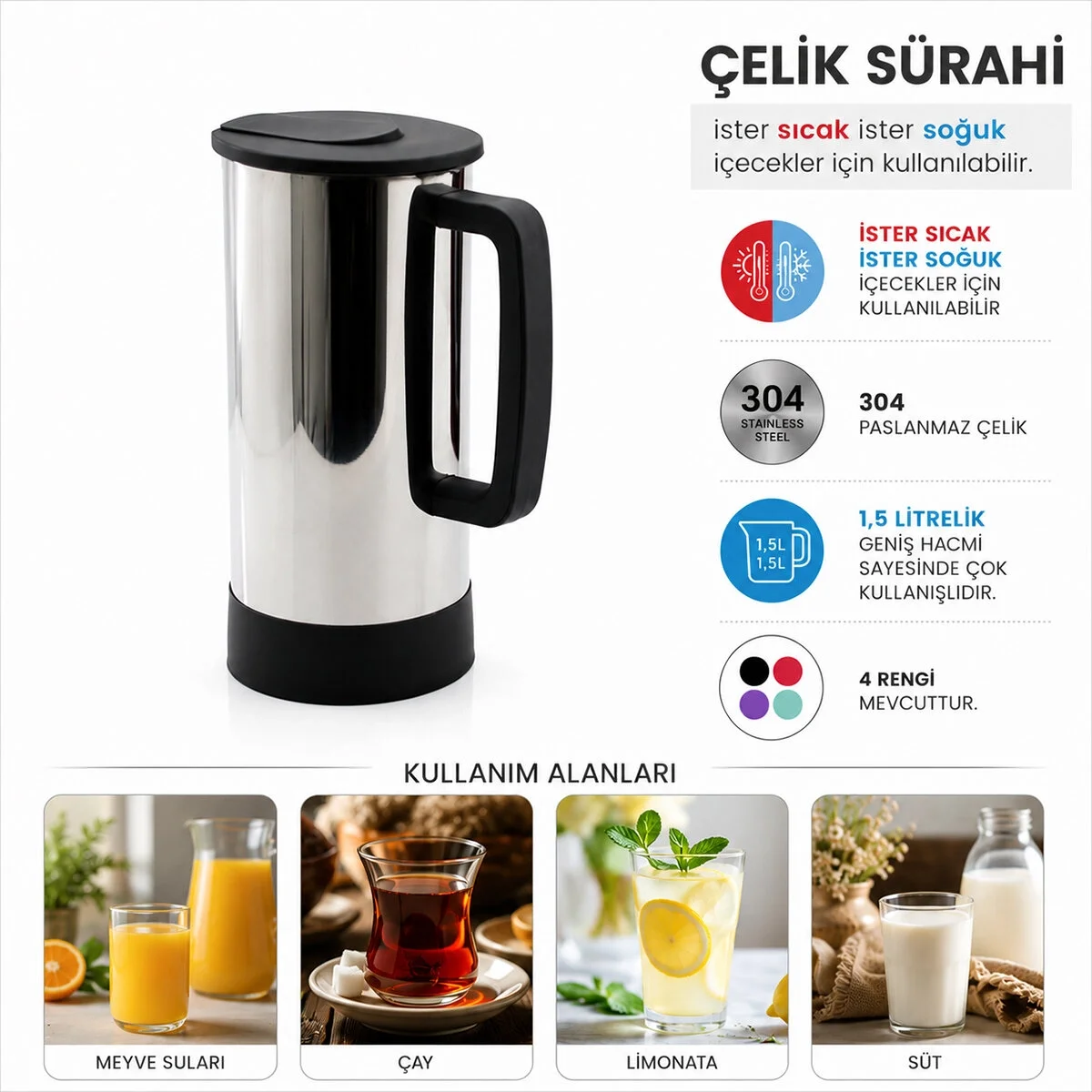 Gri - Paslanmaz Çelik Sıcak - Soğuk Çelik Sürahi Bx40 Fiyatı, Yorumları ve Özellikleri