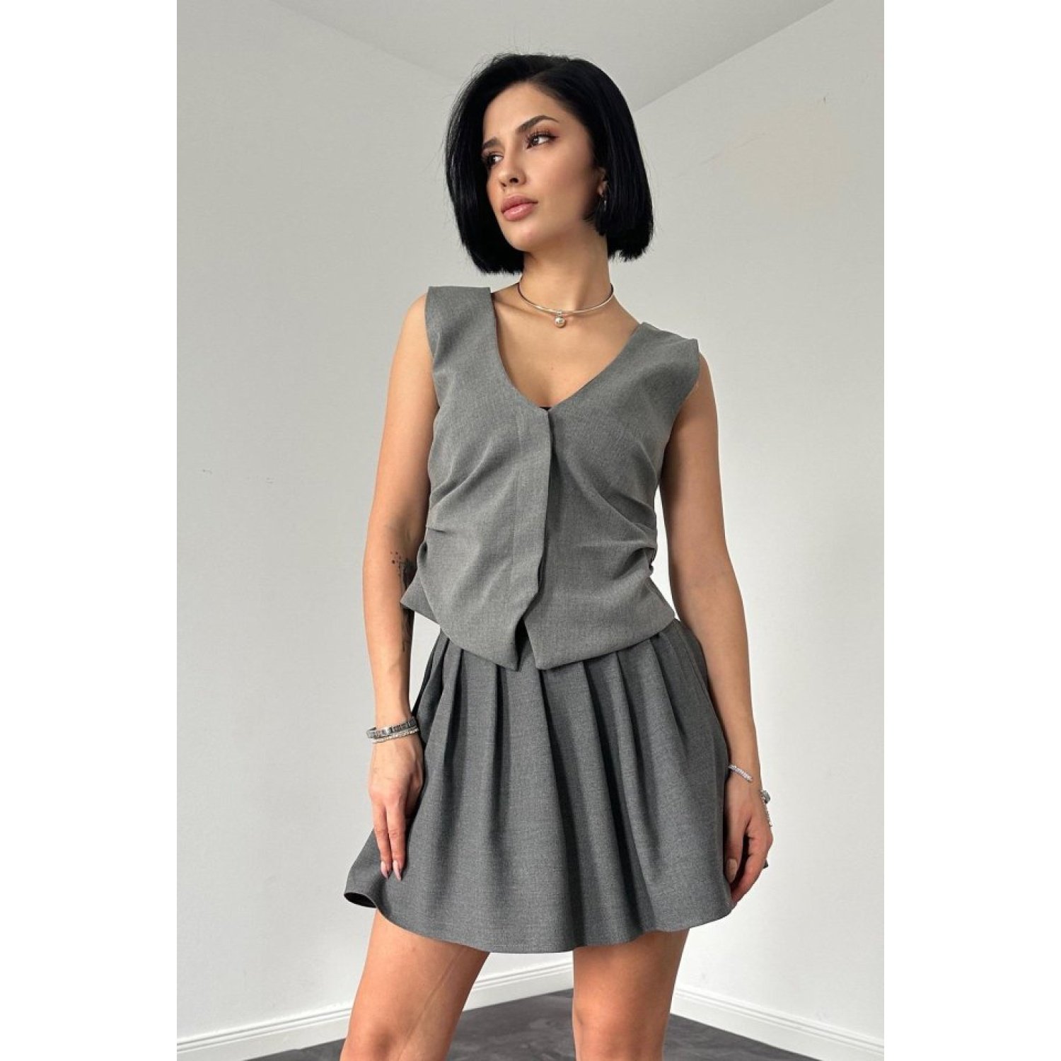 Gri Pilikaşe Mini Etek