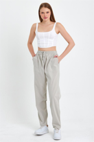Gri Renk Kadın Yazlık Keten Karışımı Relaxed Pantolon - GRİ