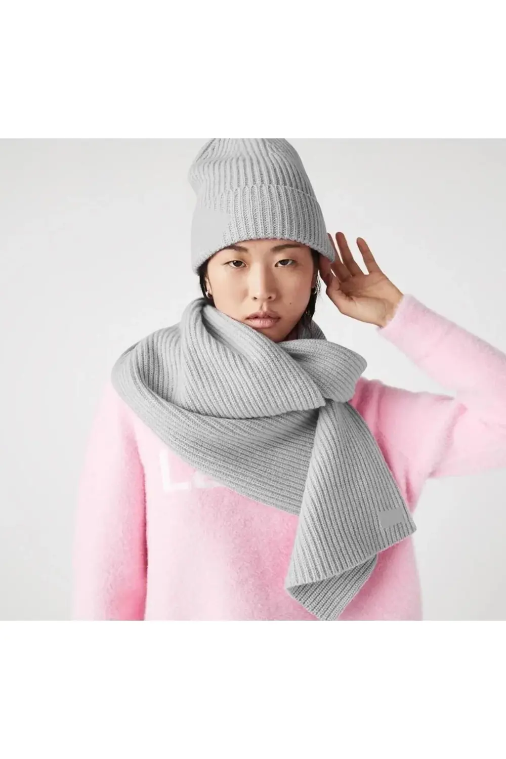 Gri Renk Kadın Yün 2'li Takım Kışlık Atkı Bere Seti