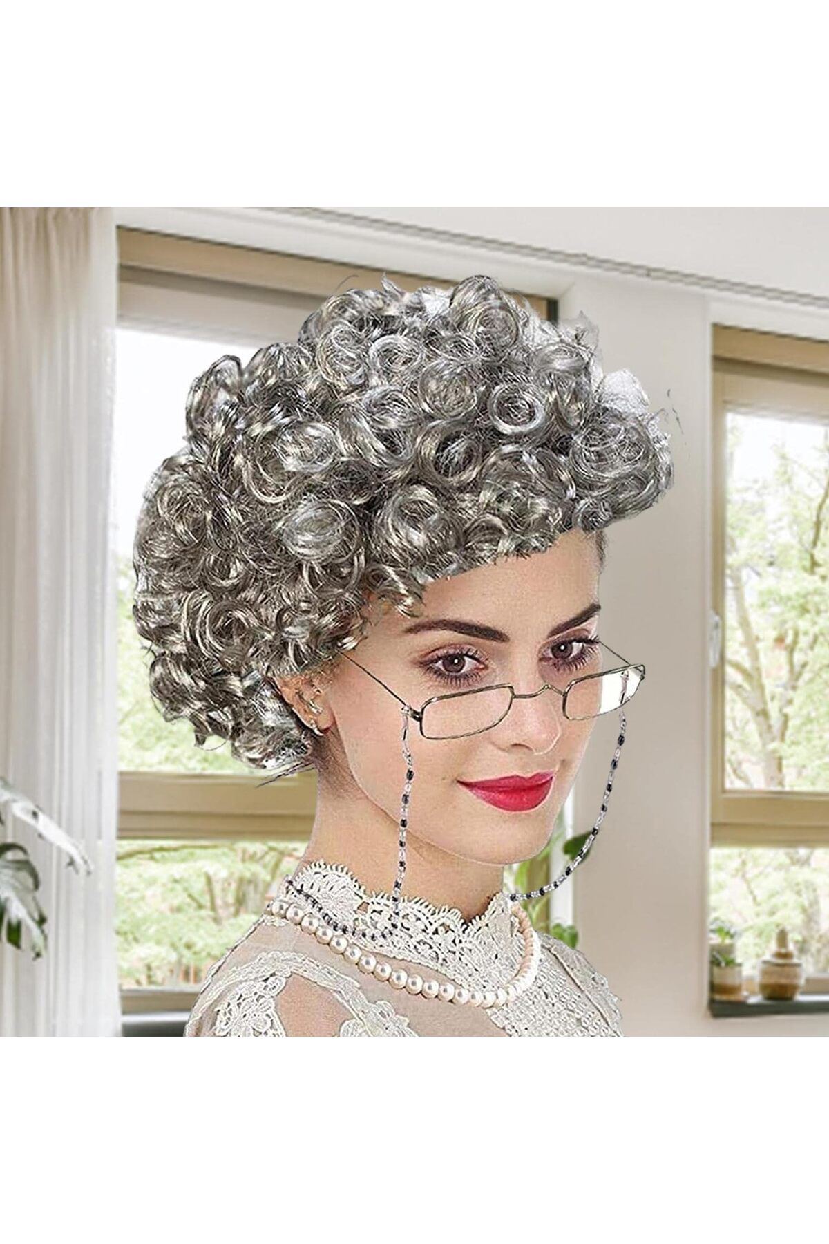 Ok Aksesuar Gri Renk Kıvırcık Yaşlı Peruk Büyükanne Peruğu Astarlı Bonus Go50