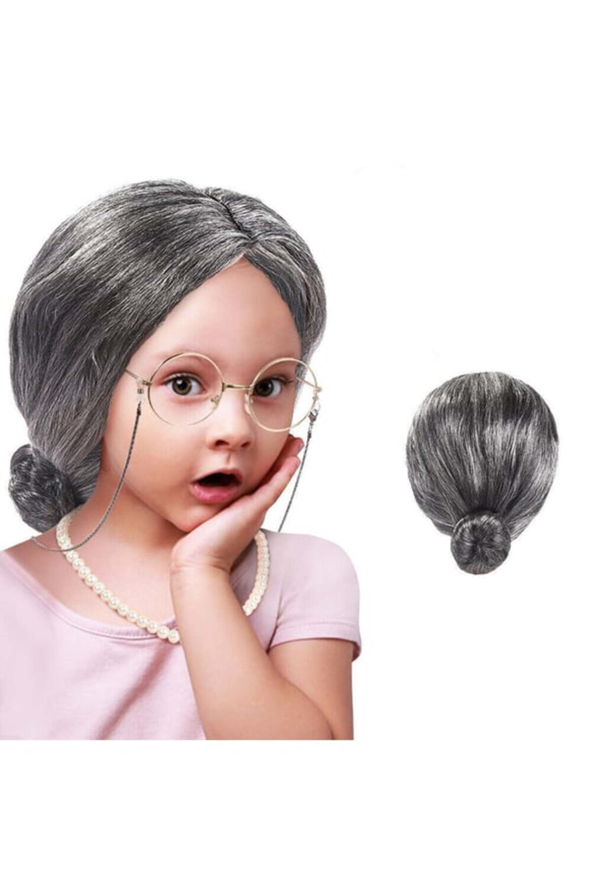 Ok Aksesuar Gri Renk Yaşlı Peruğu Takma Saç Büyükanne Peruğu Yetişkin Çocuk U