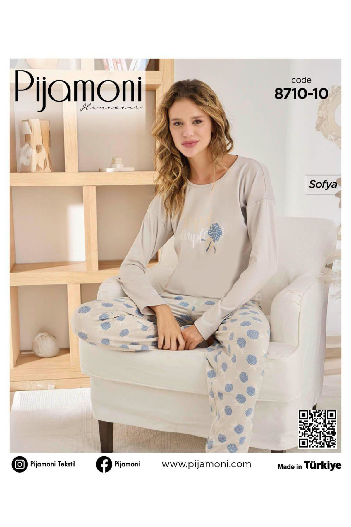 Gri Renkli Sofya Kumaş Sıfır Yaka Uzun Kollu Kadın Pijama Takımı