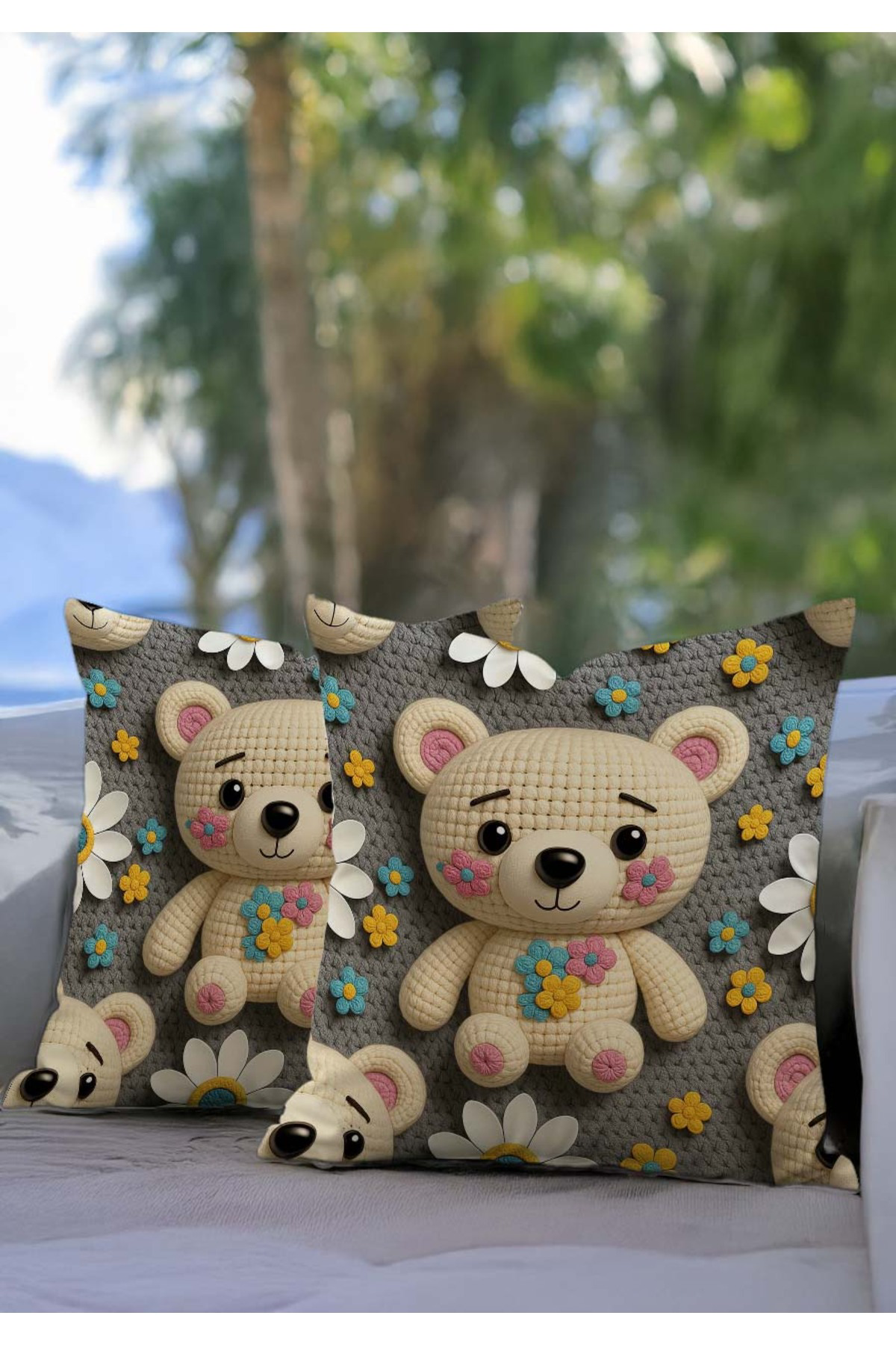 Gri Sevimli Ayıcık Çocuk Odası Temalı Dijital Baskılı Dekoratif 2