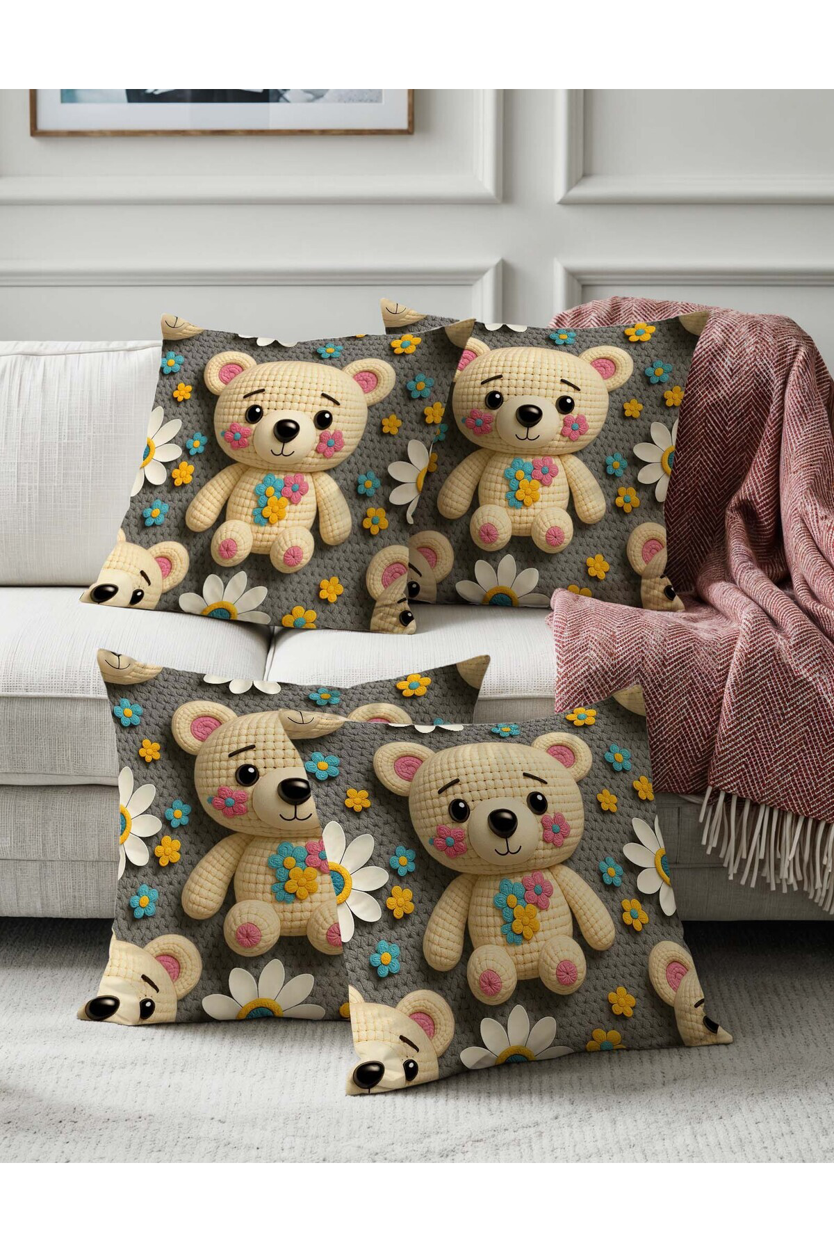 Gri Sevimli Ayıcık Çocuk Odası Temalı Dijital Baskılı Dekoratif 4