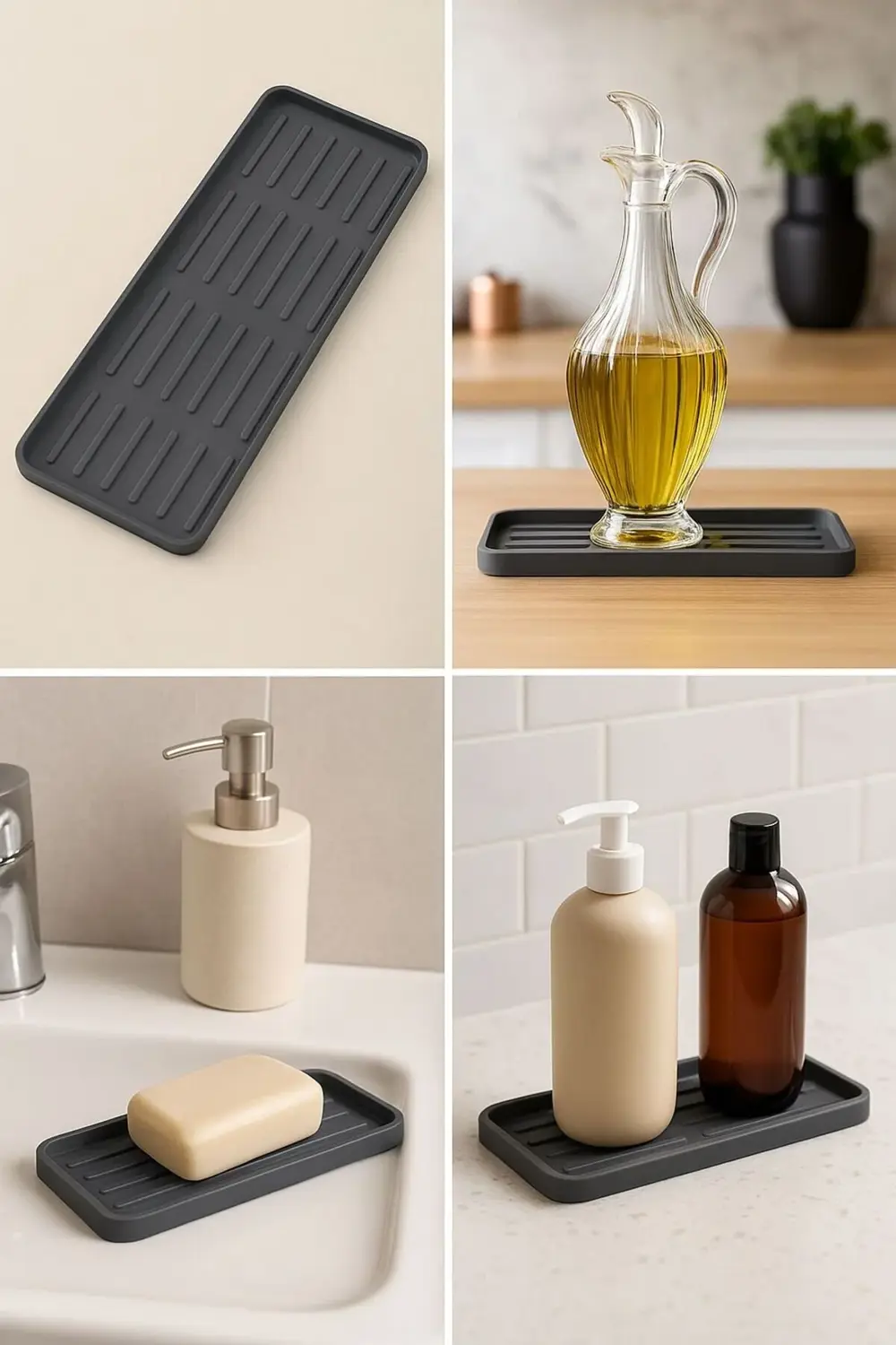 Gri Silikon Çok Amaçlı Tepsi Altlık – Yağdanlık, Sabunluk ve Orga