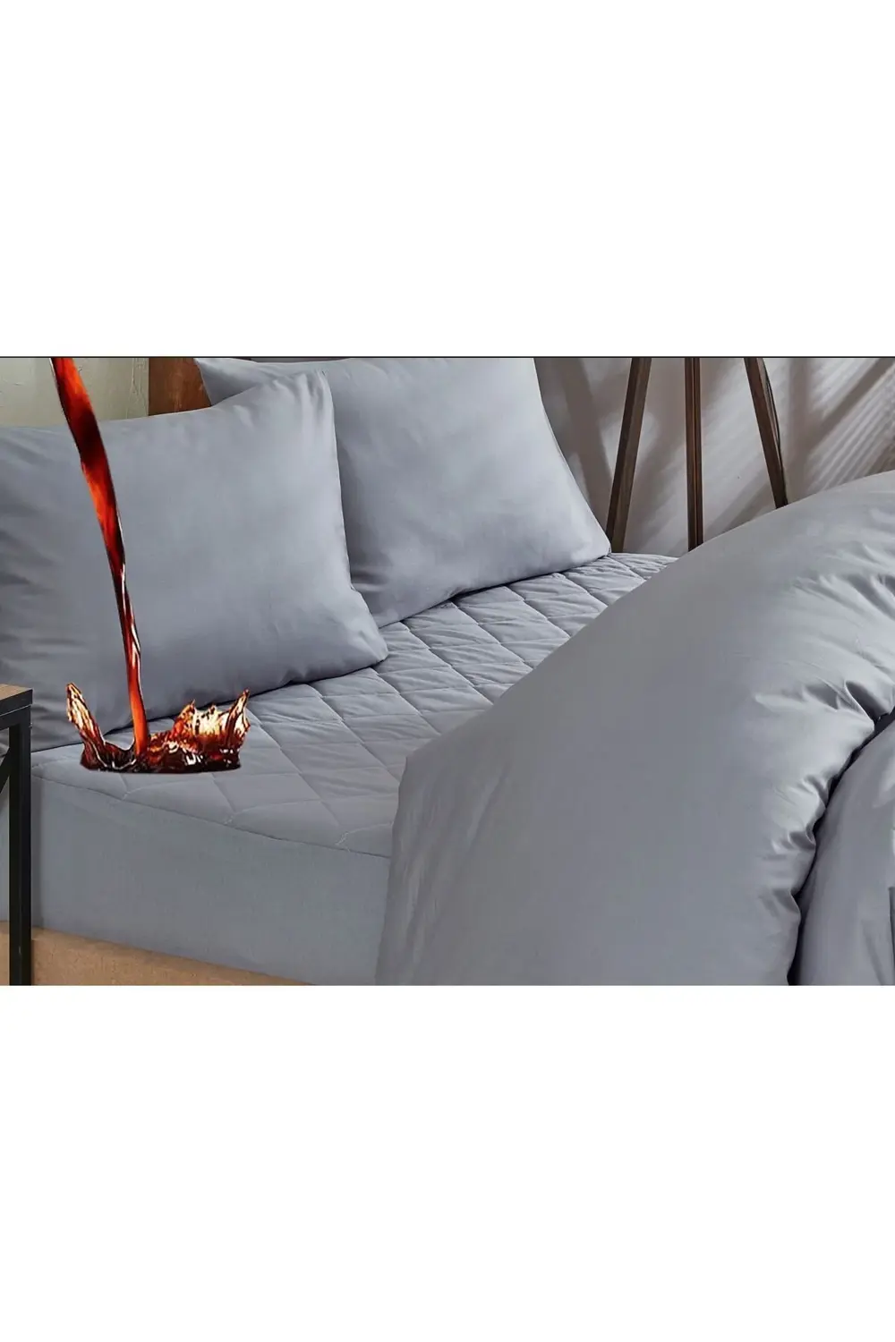 Gri Sıvı Geçirmez Kapitone %100 Pamuk Alez Ve Nevresim Set