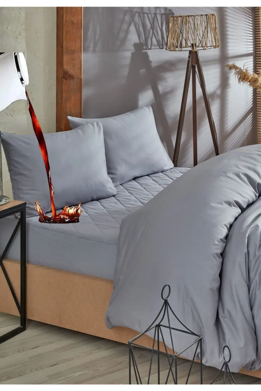 Gri Sıvı Geçirmez Kapitone %100 Pamuk Alez Ve Nevresim Set