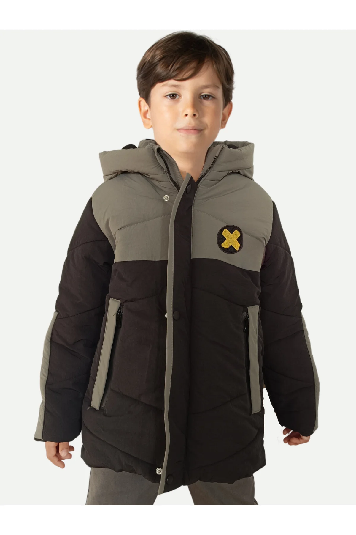 Gri Siyah Su Geçirmez Parçalı Elyaflı Unisex Çocuk Mont