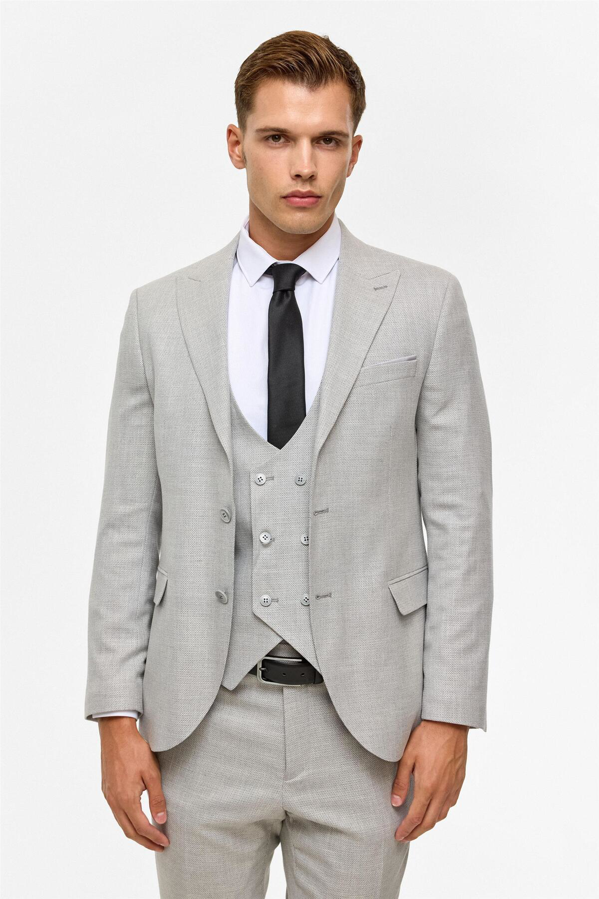 Süvari Gri Slim Desenli Sivri Yaka 6 Drop Yelekli Takım Elbise