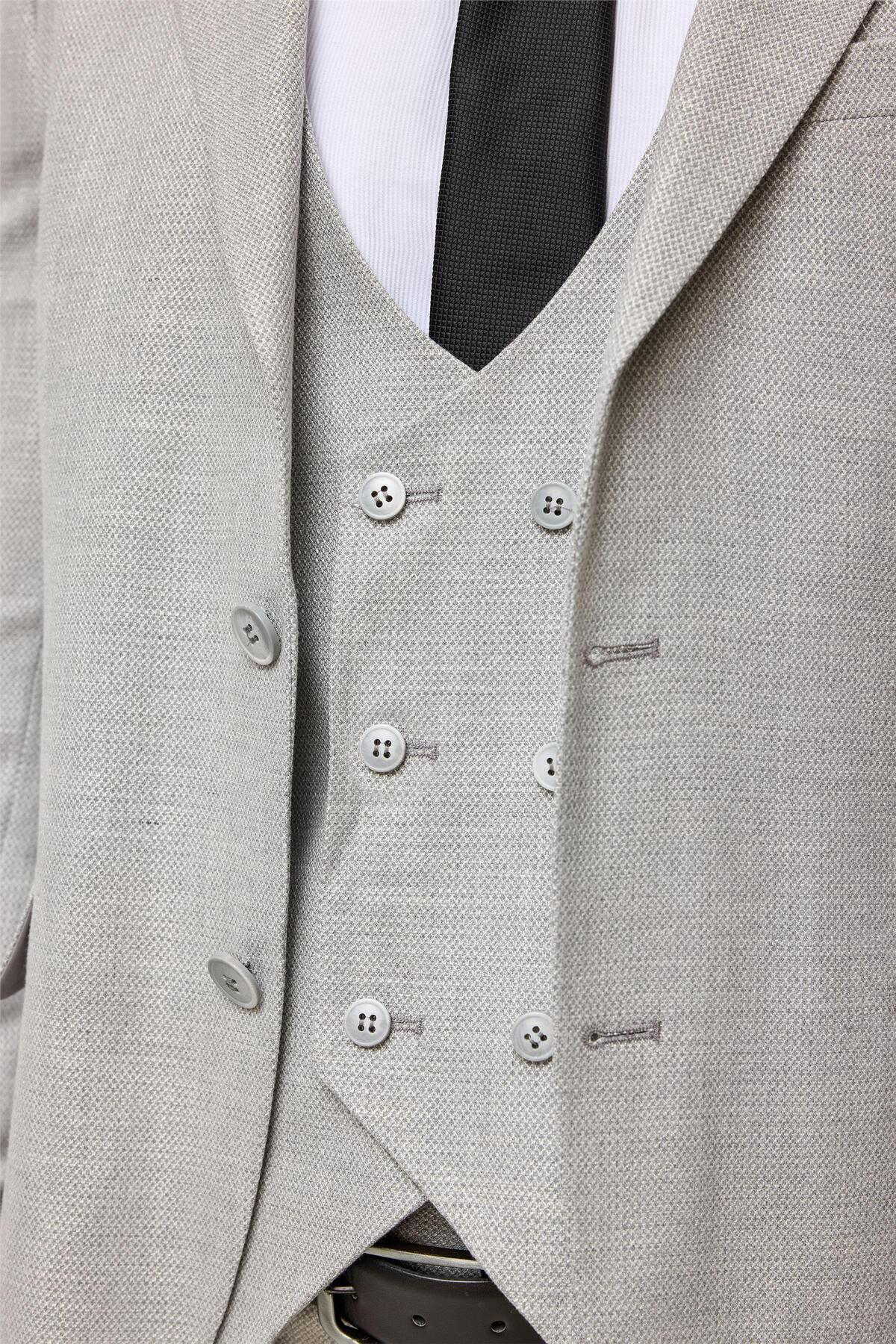 Süvari Gri Slim Desenli Sivri Yaka 6 Drop Yelekli Takım Elbise