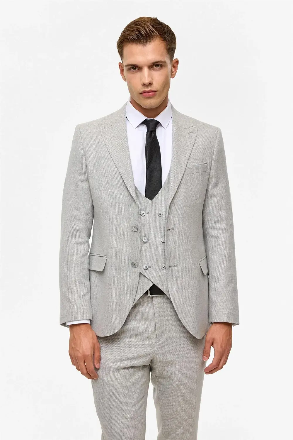 Süvari Gri Slim Desenli Sivri Yaka 6 Drop Yelekli Takım Elbise