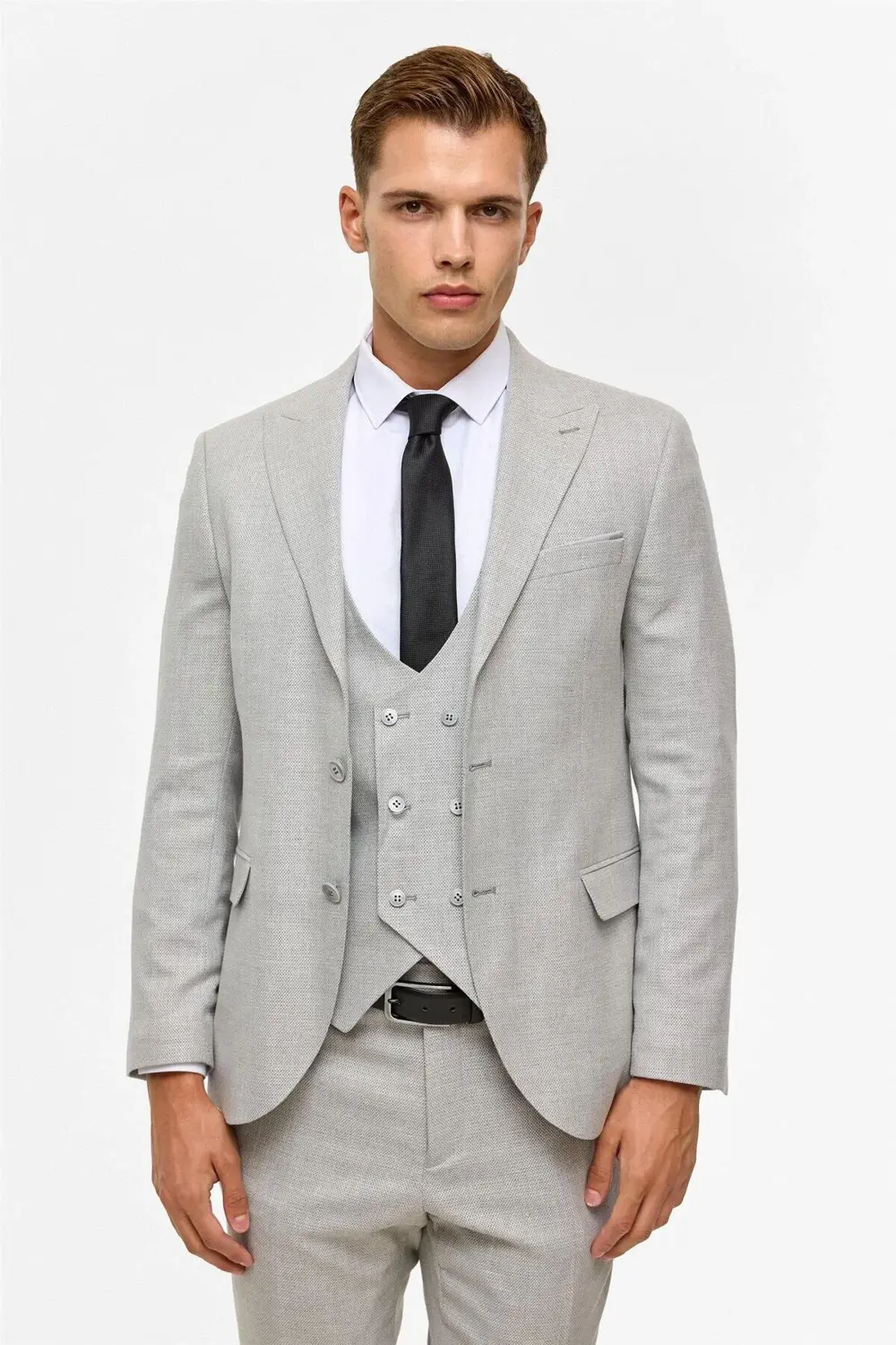 Süvari Gri Slim Desenli Sivri Yaka 6 Drop Yelekli Takım Elbise