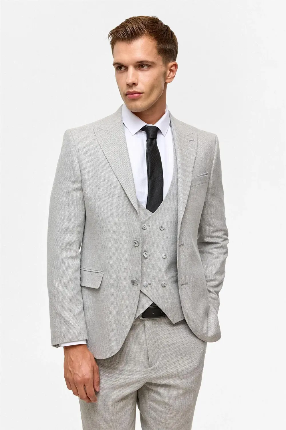 Gri Slim Desenli Sivri Yaka 6 Drop Yelekli Takım Elbise