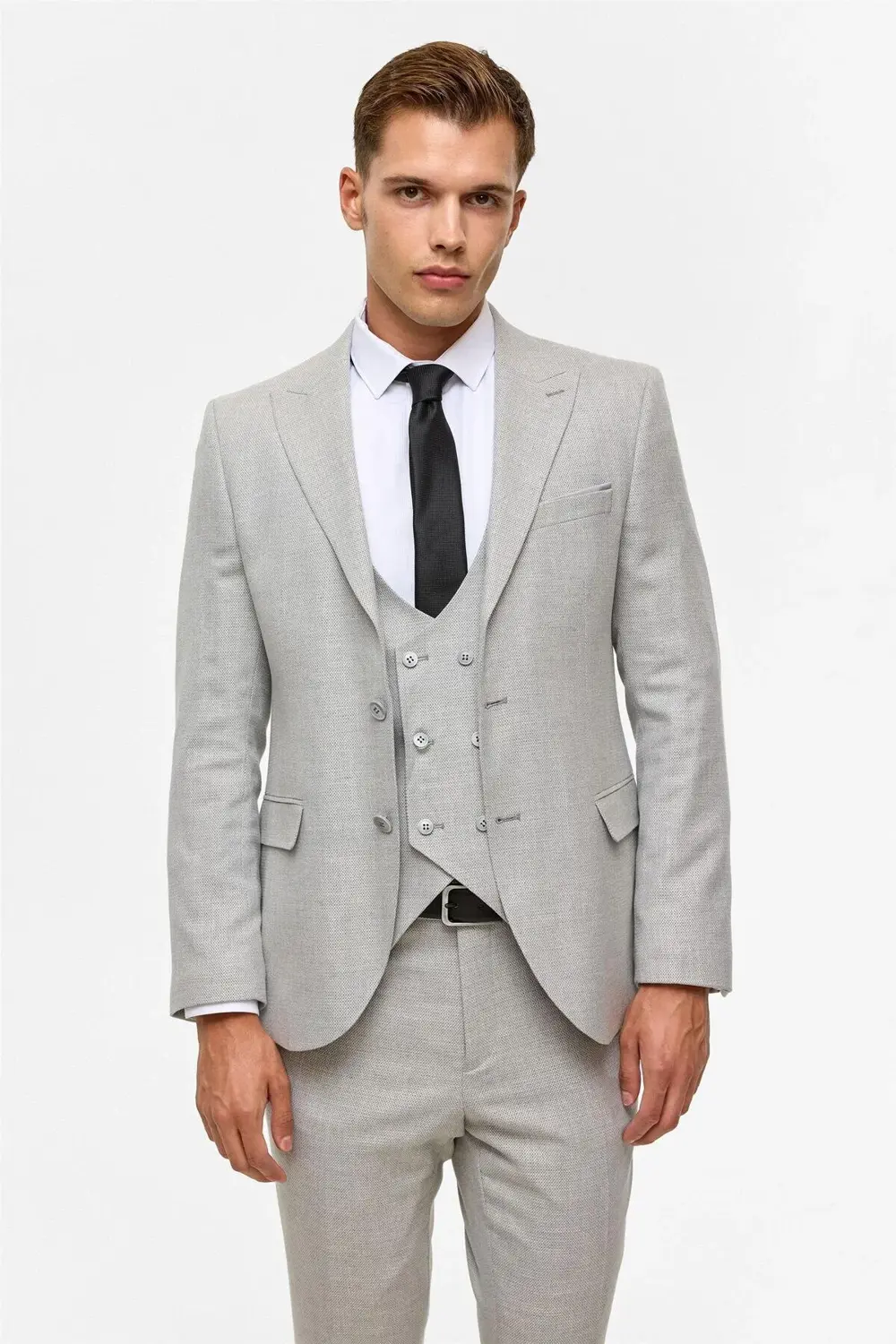 Gri Slim Desenli Sivri Yaka 6 Drop Yelekli Takım Elbise