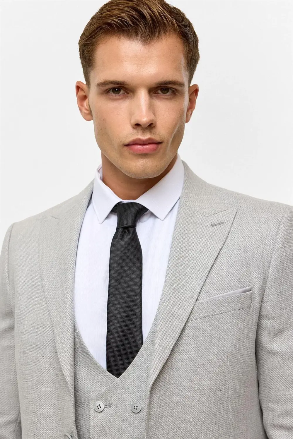 Süvari Gri Slim Desenli Sivri Yaka 6 Drop Yelekli Takım Elbise