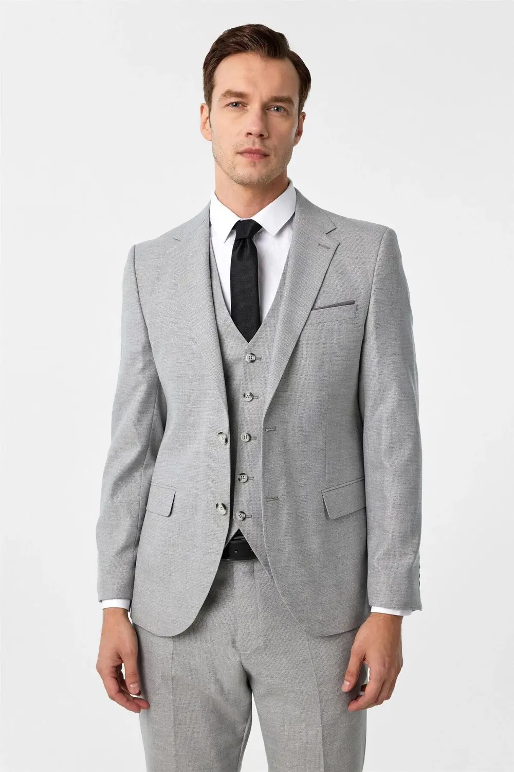 Süvari Gri Slim Fit Desenli Mono Yaka 6 Drop Yelekli Klasik Takım Elbise