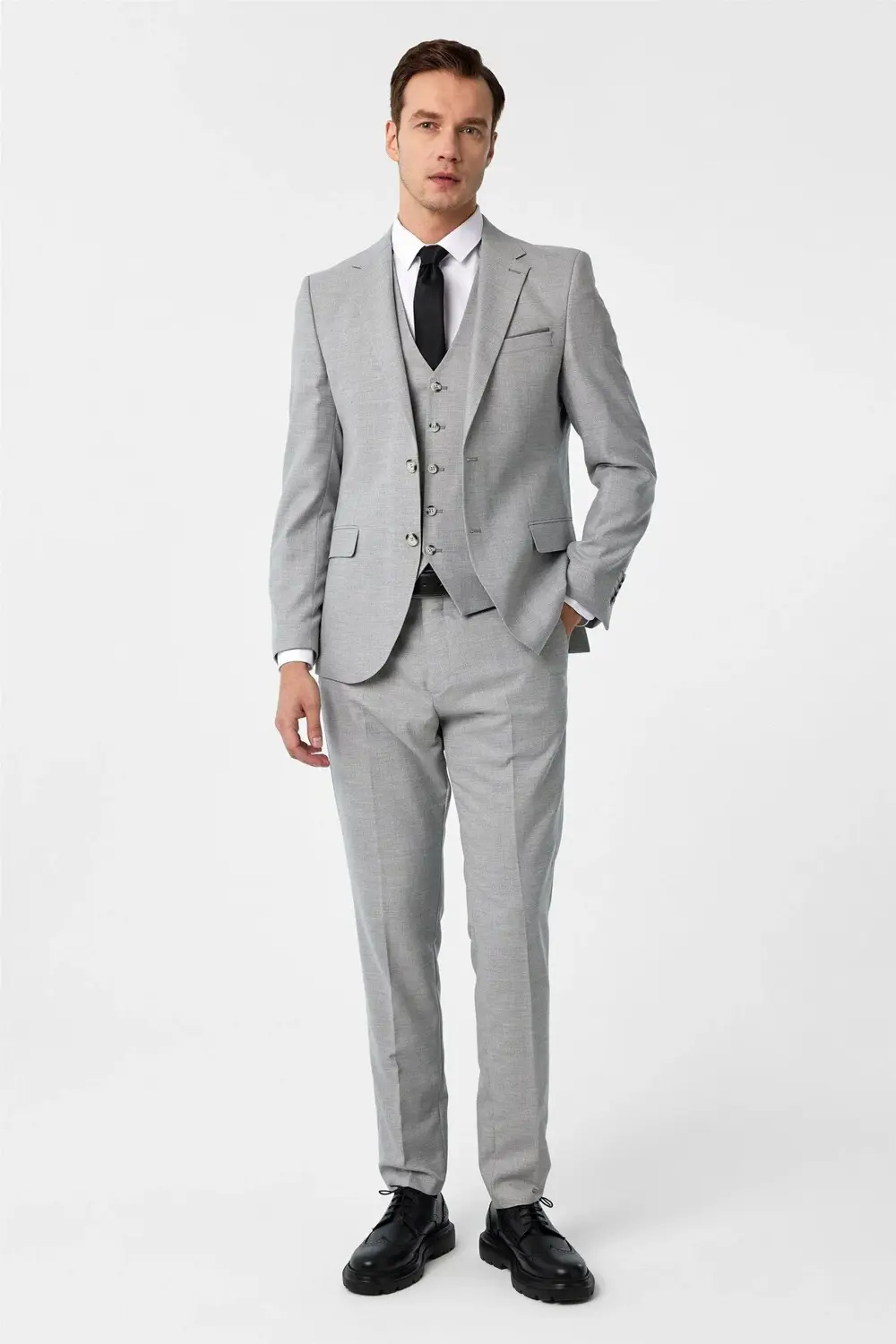 Süvari Gri Slim Fit Desenli Mono Yaka 6 Drop Yelekli Klasik Takım Elbise