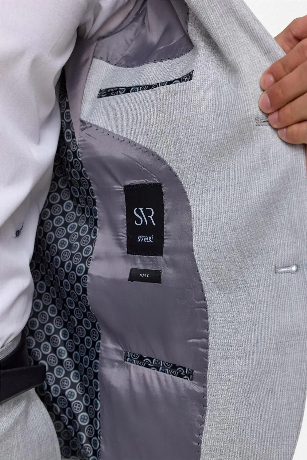 Gri Slim Fit Desenli Sivri Yaka 6 Drop Klasik Takım Elbise