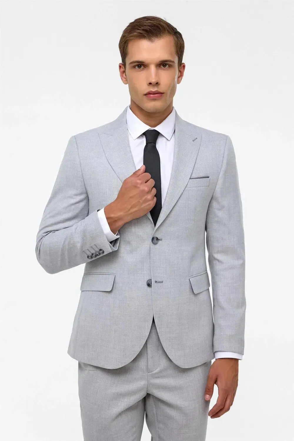 Gri Slim Fit Desenli Sivri Yaka 6 Drop Klasik Takım Elbise