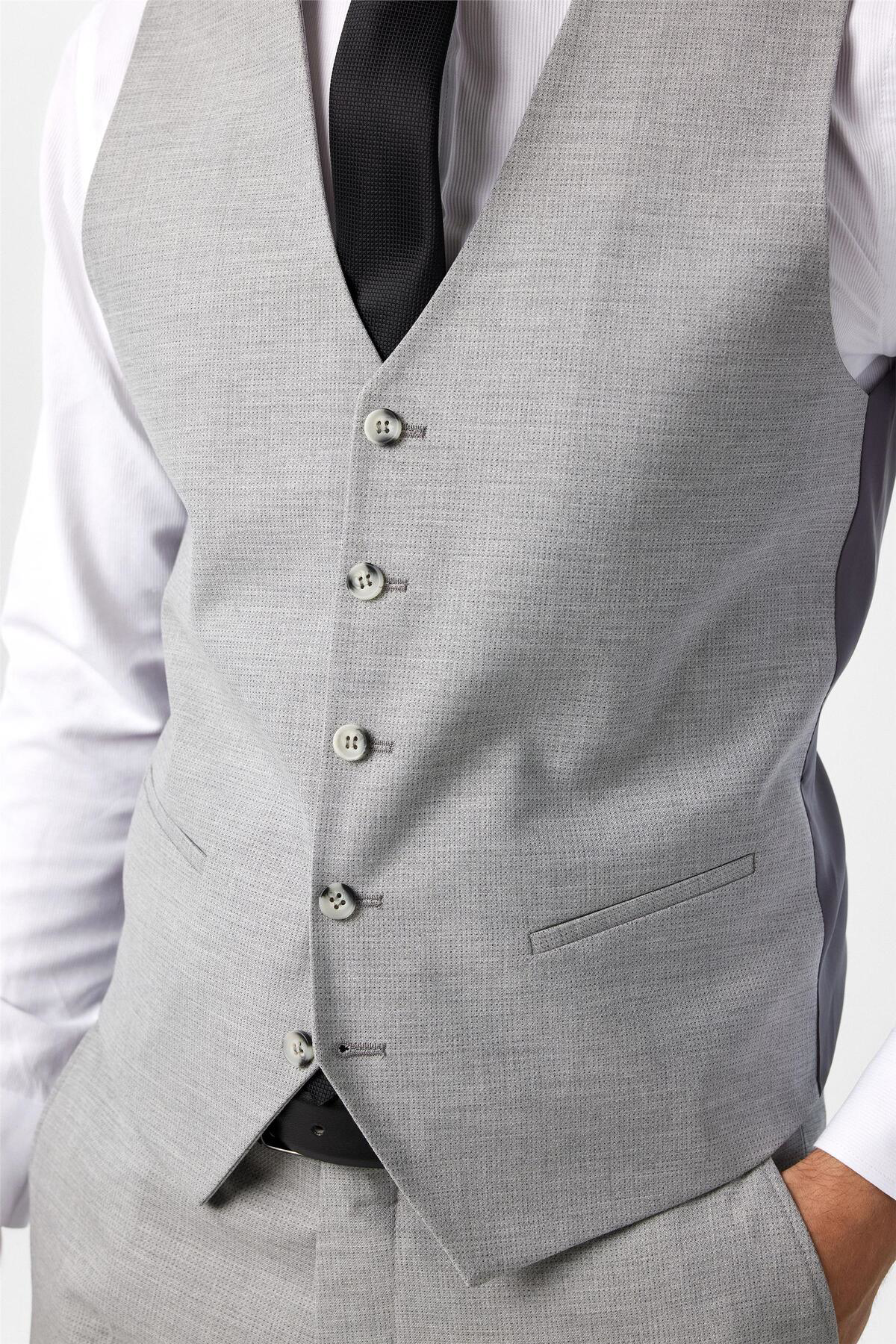 Süvari Gri Slim Fit Desenli Mono Yaka 6 Drop Yelekli Klasik Takım Elbise